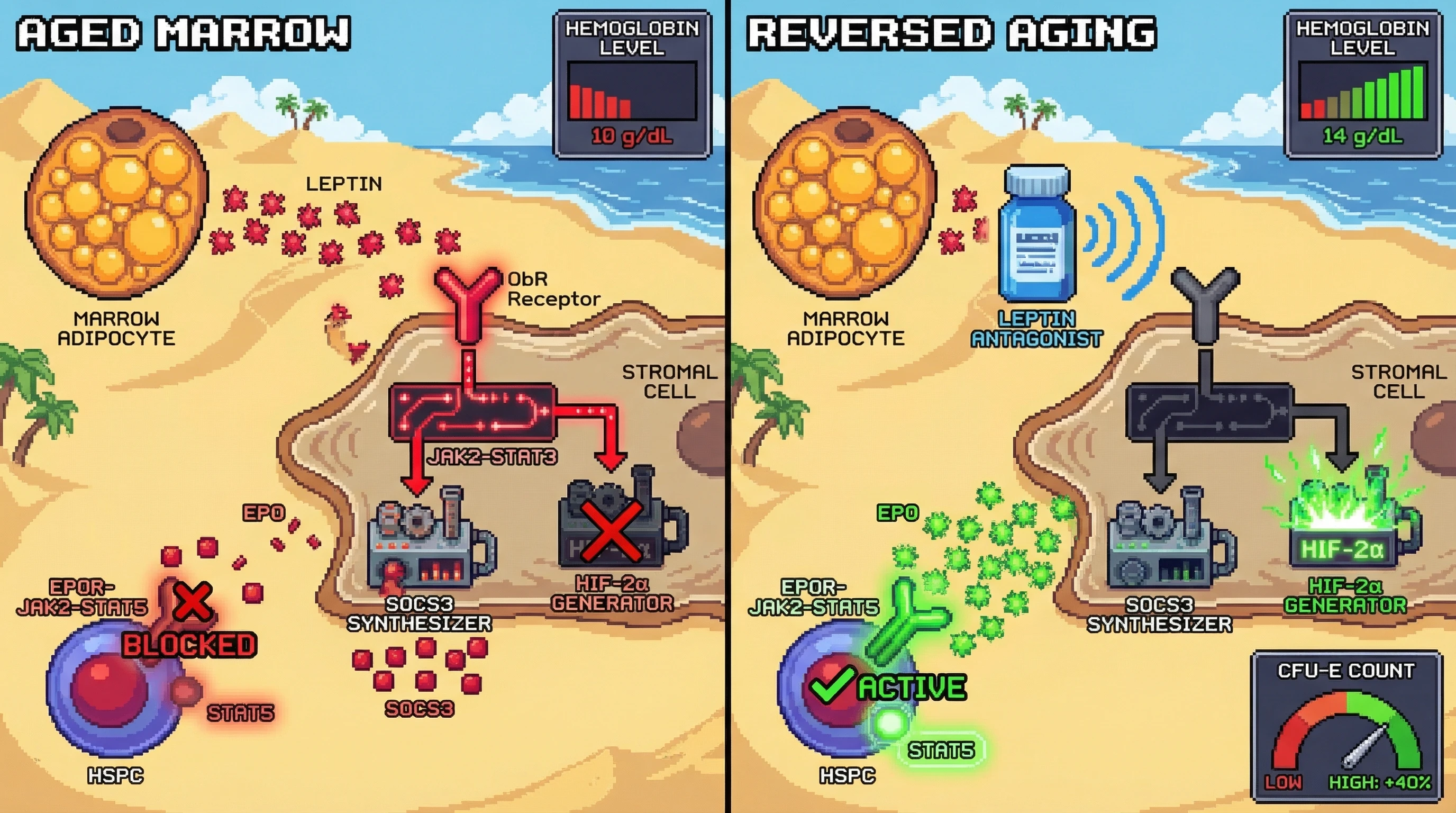 Infographic for: Hypothesis: Age‑related EPO resistance stems from adipocyte‑derived leptin suppressing HIF‑2α in bone marrow stromal cells, uncoupling EPO signaling from erythropoietic output