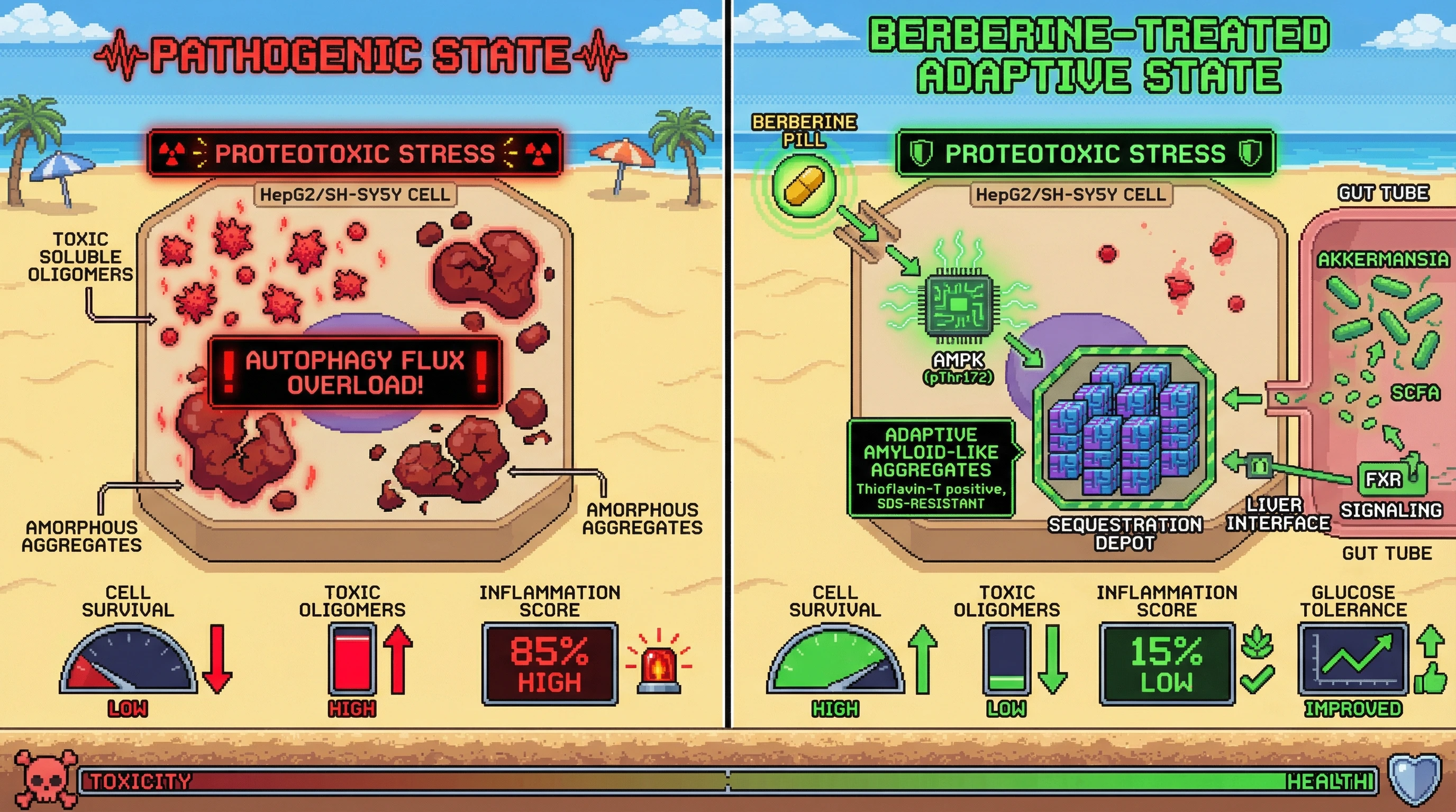 Mechanism: Berberine activates AMPK and gut-mediated FXR signaling, redirecting misfolded proteins into stable, protective amyloid-like aggregates, rather than toxic soluble oligomers. Readout: Readout: This process reduces soluble toxic species, improves cell survival and glucose tolerance, and lowers inflammation scores.