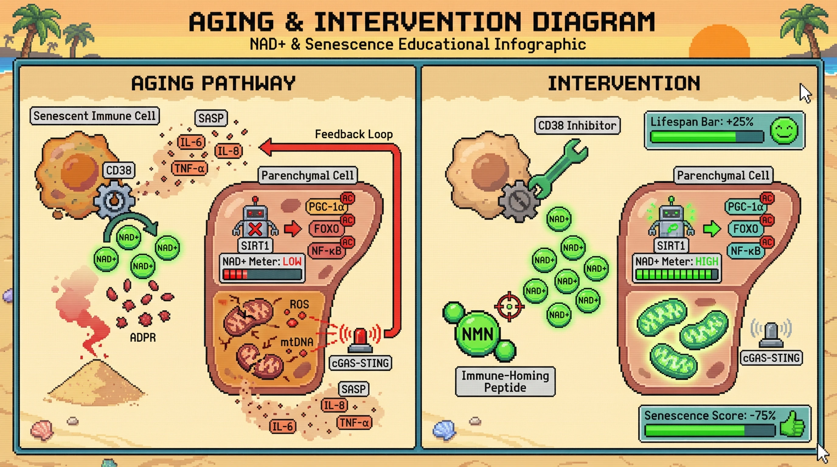 Mechanism: Senescent immune cells deplete NAD+ via CD38, inhibiting SIRT1 and spreading mitochondrial dysfunction and senescence to surrounding tissues. Readout: Readout: Inhibiting CD38 or targeted NAD+ delivery preserves NAD+, reduces senescence markers (p16, SA-β-gal), and increases organismal lifespan.