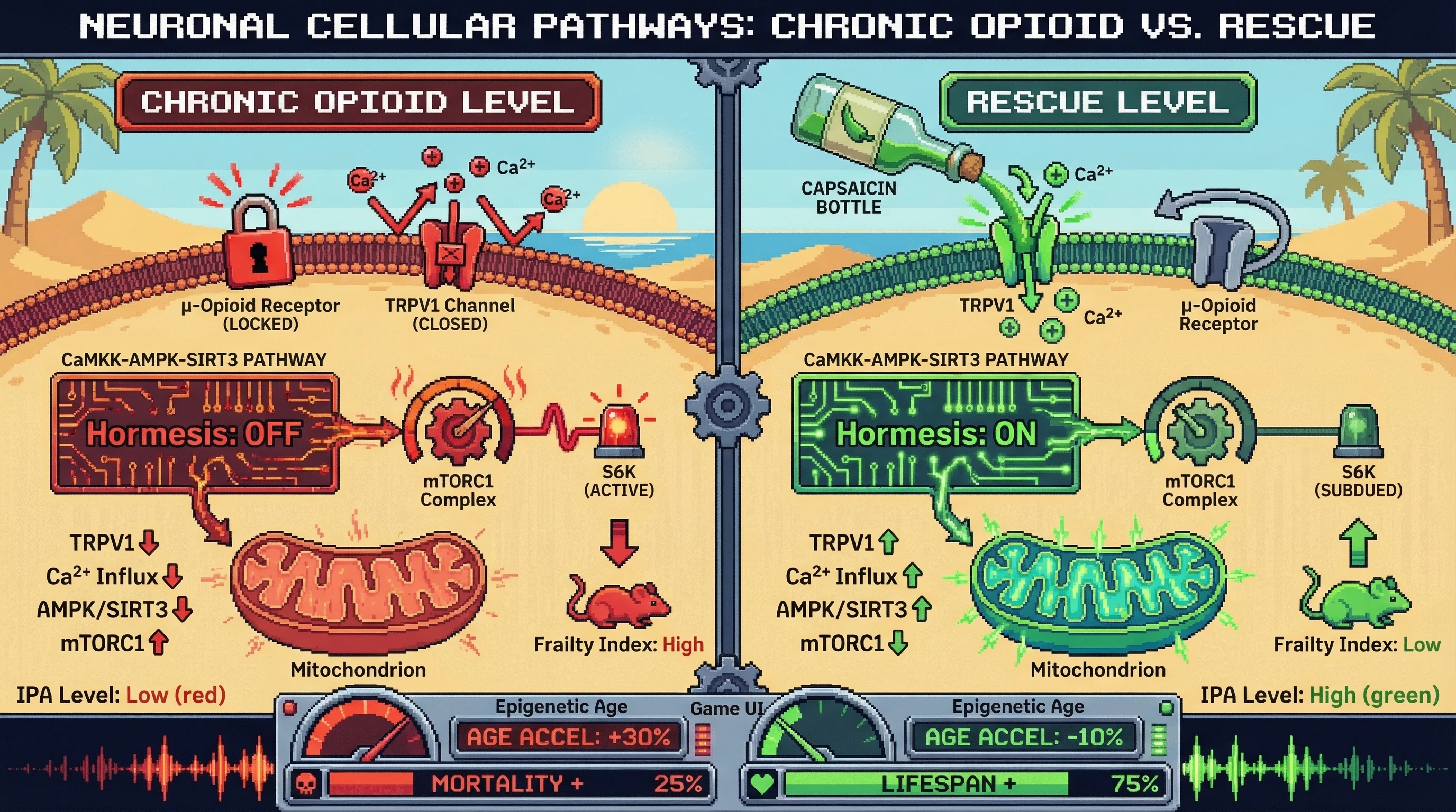 Mechanism: Chronic opioids suppress TRPV1 channel activity, reducing Ca²⁺ influx and inhibiting the beneficial CaMKK-AMPK-SIRT3 hormetic pathways, while keeping mTORC1 highly active. Readout: Readout: This leads to accelerated epigenetic aging, decreased IPA levels, increased frailty, and shortened lifespan, which can be partially reversed by TRPV1 agonists or AMPK activators.
