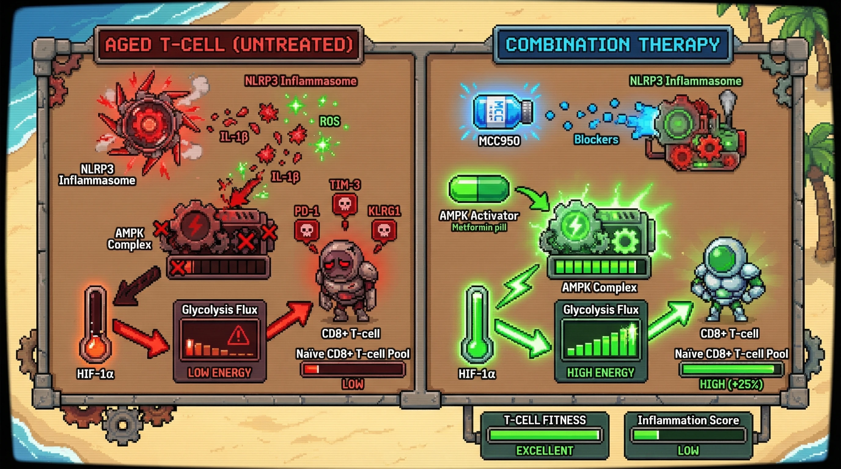 Infographic for: Combined NLRP3 Inhibition and AMPK Activation Preserves Naïve CD8+ T-Cell Fitness During Early Tumor Exposure