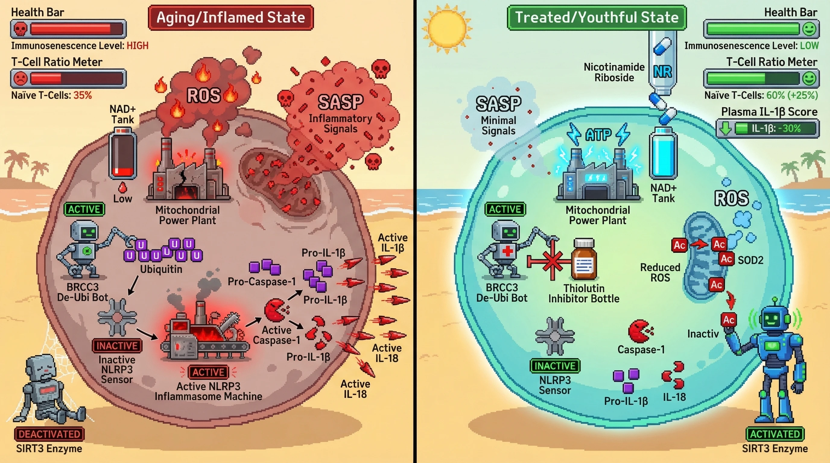 Mechanism: Combined Thiolutin (BRCC3 inhibitor) and Nicotinamide Riboside (NAD+ booster) prevents NLRP3 inflammasome activation and restores mitochondrial function. Readout: Readout: This dual therapy reduces plasma IL-1β and increases the naive T-cell fraction by 25%.