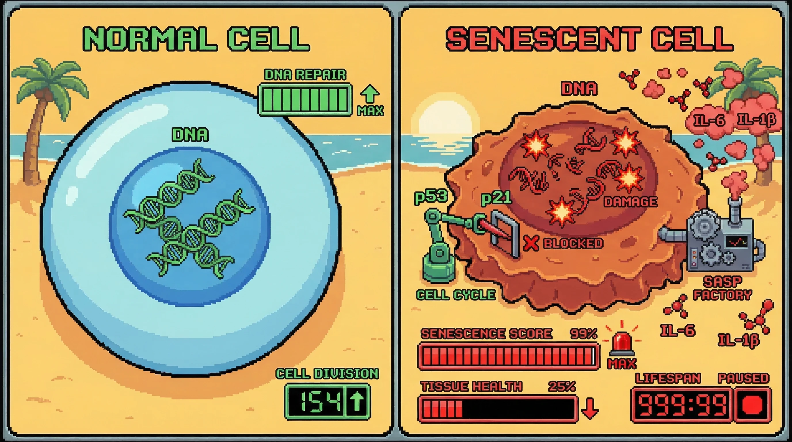 Mechanism: DNA damage activates p53/p21, halting the cell cycle as a checkpoint, but persistent damage leads to a senescent endpoint with SASP secretion. Readout: Readout: Senescent cells exhibit high 'Senescence Score' and active SASP, correlating with reduced 'Tissue Health' and a frozen 'Lifespan' timer.