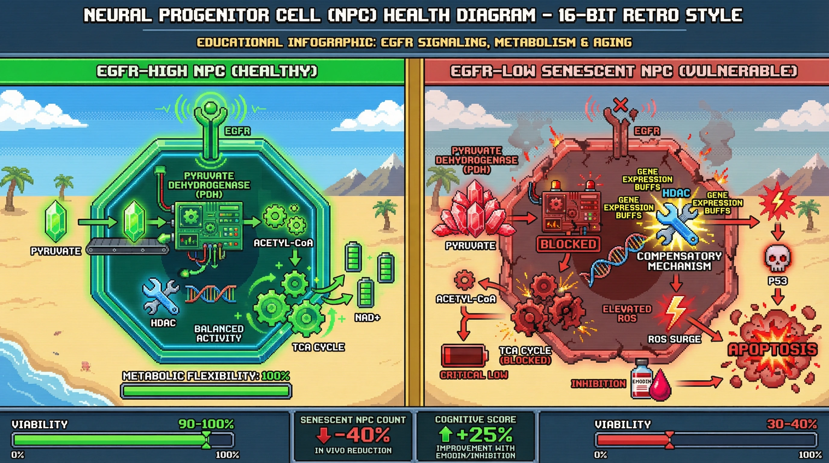 Infographic for: Emodin selectivelyeliminates EGFR-low senescent neural progenitor cells via HDAC‑induced metabolic catastrophe