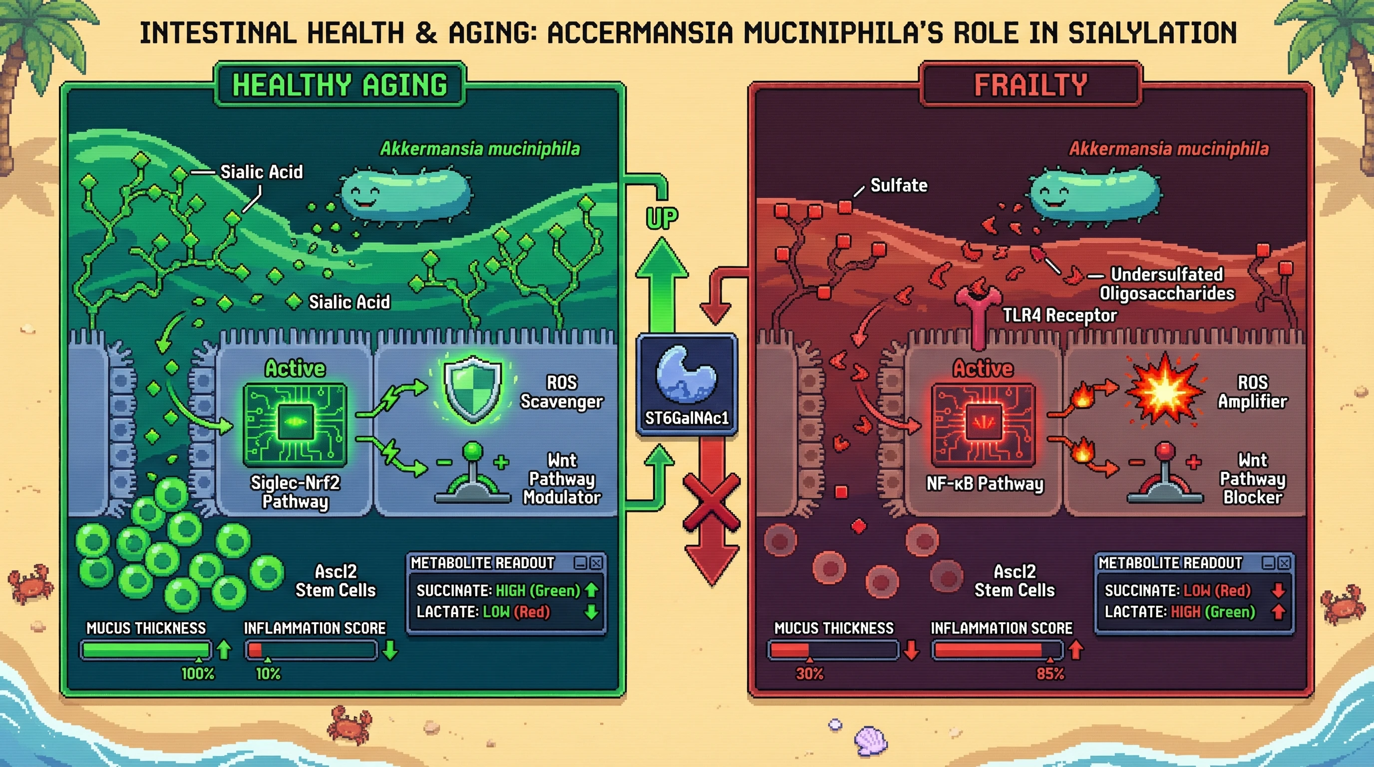 Mechanism: The balance of sialylated versus sulfated mucin glycans dictates Akkermansia muciniphila's impact on the aged gut, either activating protective Siglec-Nrf2 pathways or inflammatory TLR4 pathways. Readout: Readout: High sialylation correlates with thicker mucus, lower inflammation, and increased succinate, while low sialylation shows thinner mucus, heightened inflammation, and increased lactate.