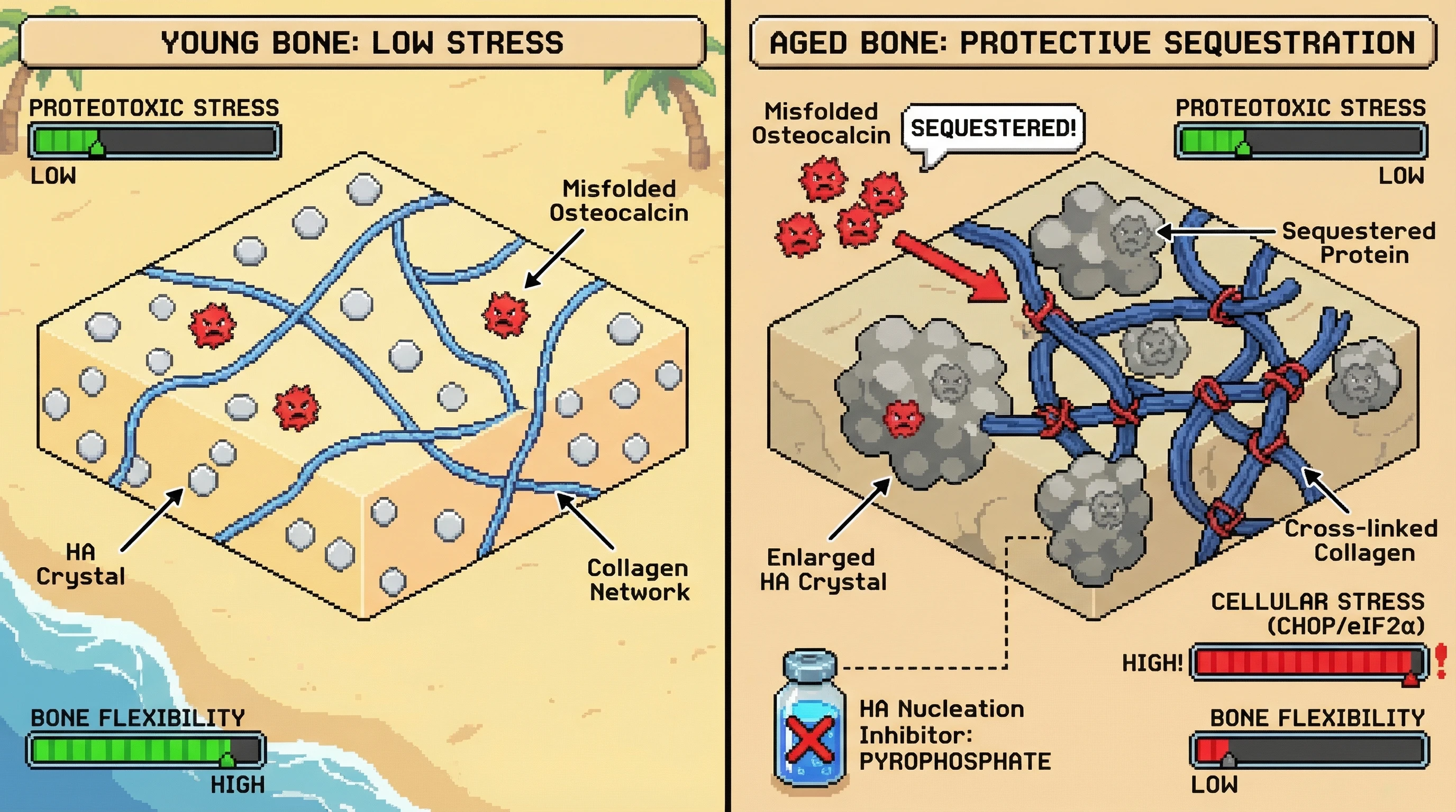Mechanism: In aged bone, enlarged hydroxyapatite crystals and dense collagen cross-links form a protective system that sequesters misfolded proteins, reducing proteotoxic stress. Readout: Readout: While this system maintains low cellular stress, inhibiting hydroxyapatite nucleation (e.g., with pyrophosphate) leads to elevated cellular stress markers like CHOP and phospho-eIF2α.