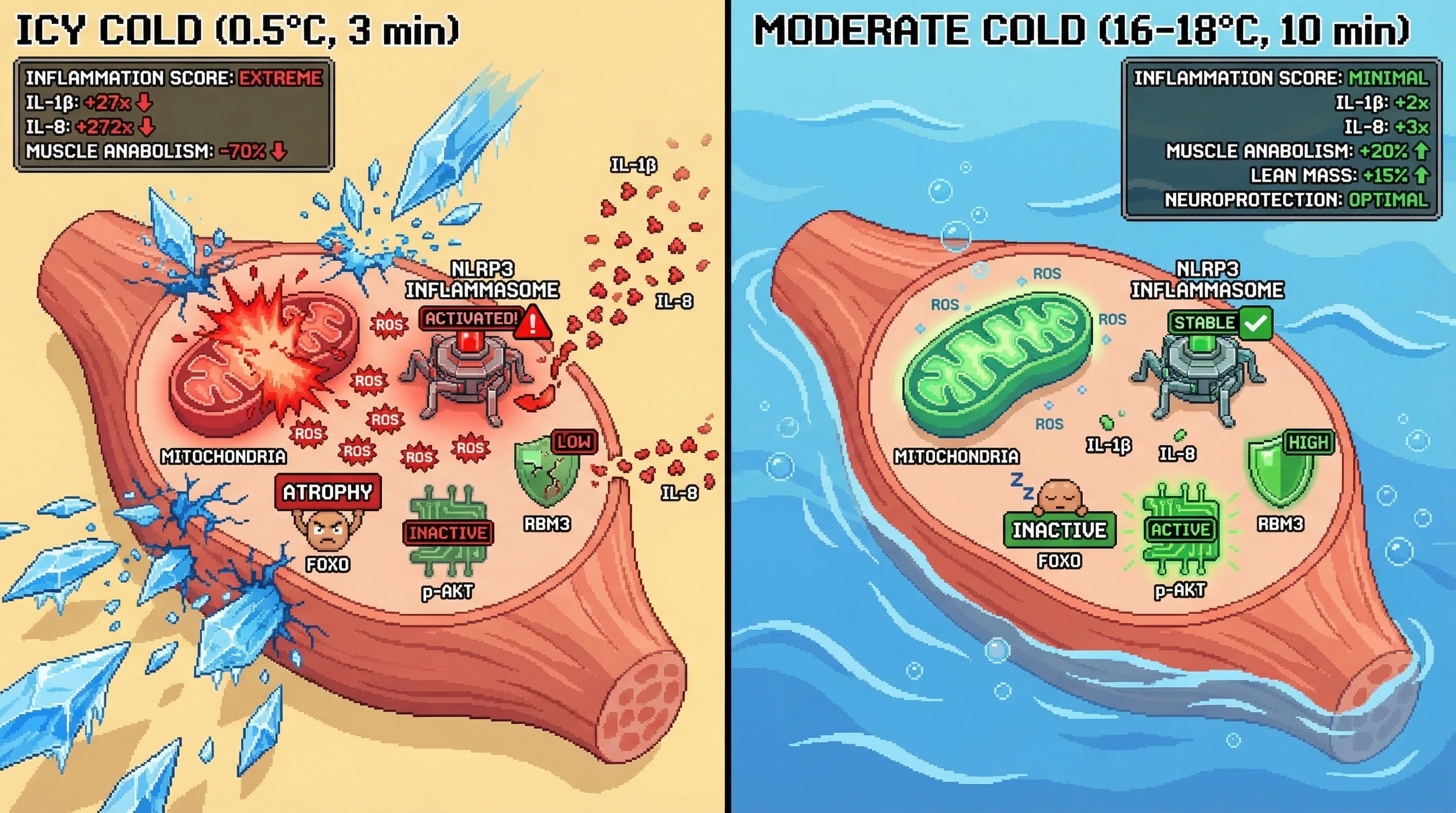 Mechanism: Moderate cold exposure (16-18°C) optimizes RBM3 levels and anabolic signaling while minimizing NLRP3 inflammasome activation compared to near-freezing immersion. Readout: Readout: Moderate cold leads to significantly lower IL-1β/IL-8 surges and higher muscle anabolism, suggesting superior neuroprotective and anti-atrophy benefits.