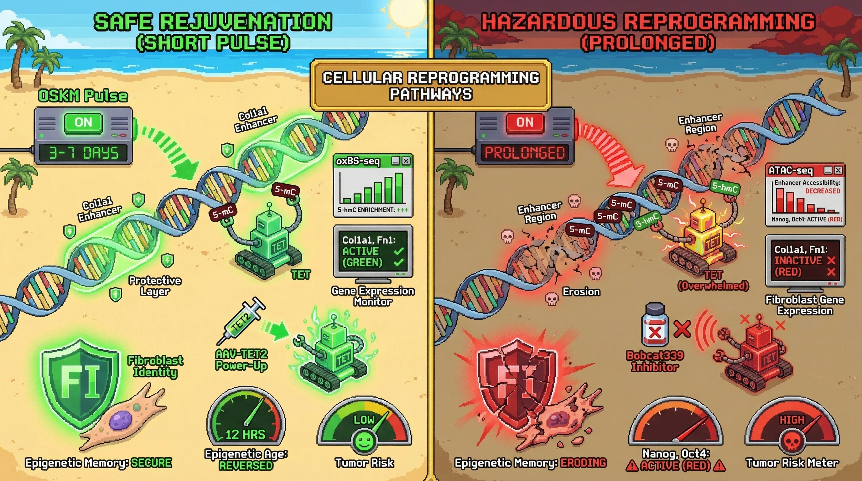 Infographic for: Transient OSKM pulses trigger a TET‑dependent demethylation wave that protects cell‑type enhancers during reprogramming