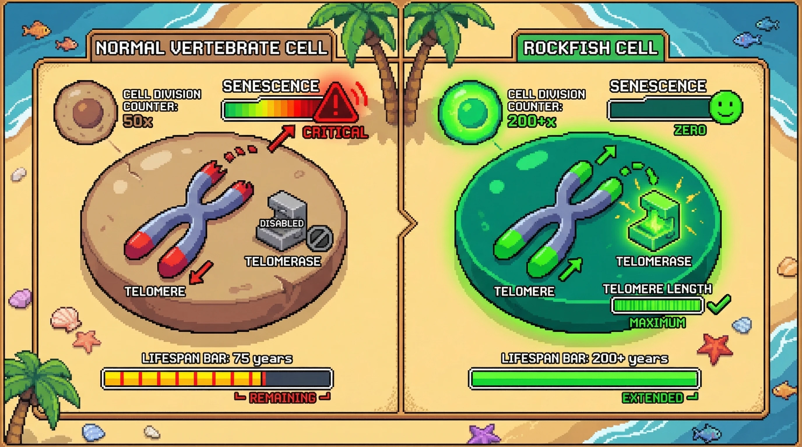 Infographic for: Rockfish Telomeres Shorten Slowly—Decades of Cell Division Without Senescence