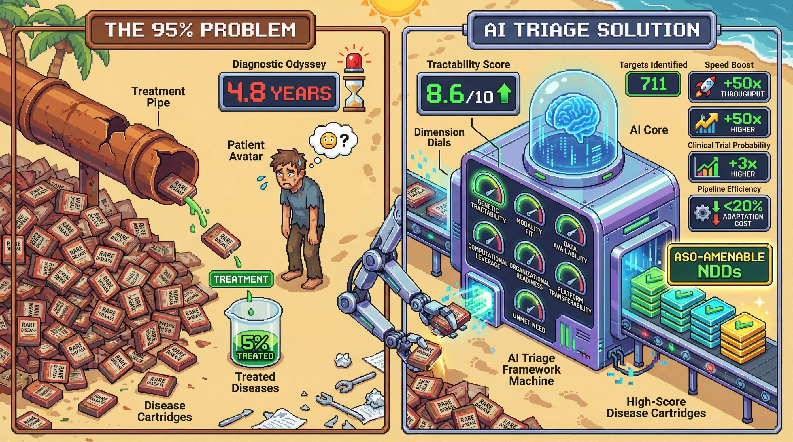 Infographic for: The 95% Problem: A Computational Triage Framework for Prioritizing AI-Tractable Rare Diseases Among 10,000+ Untreated Conditions