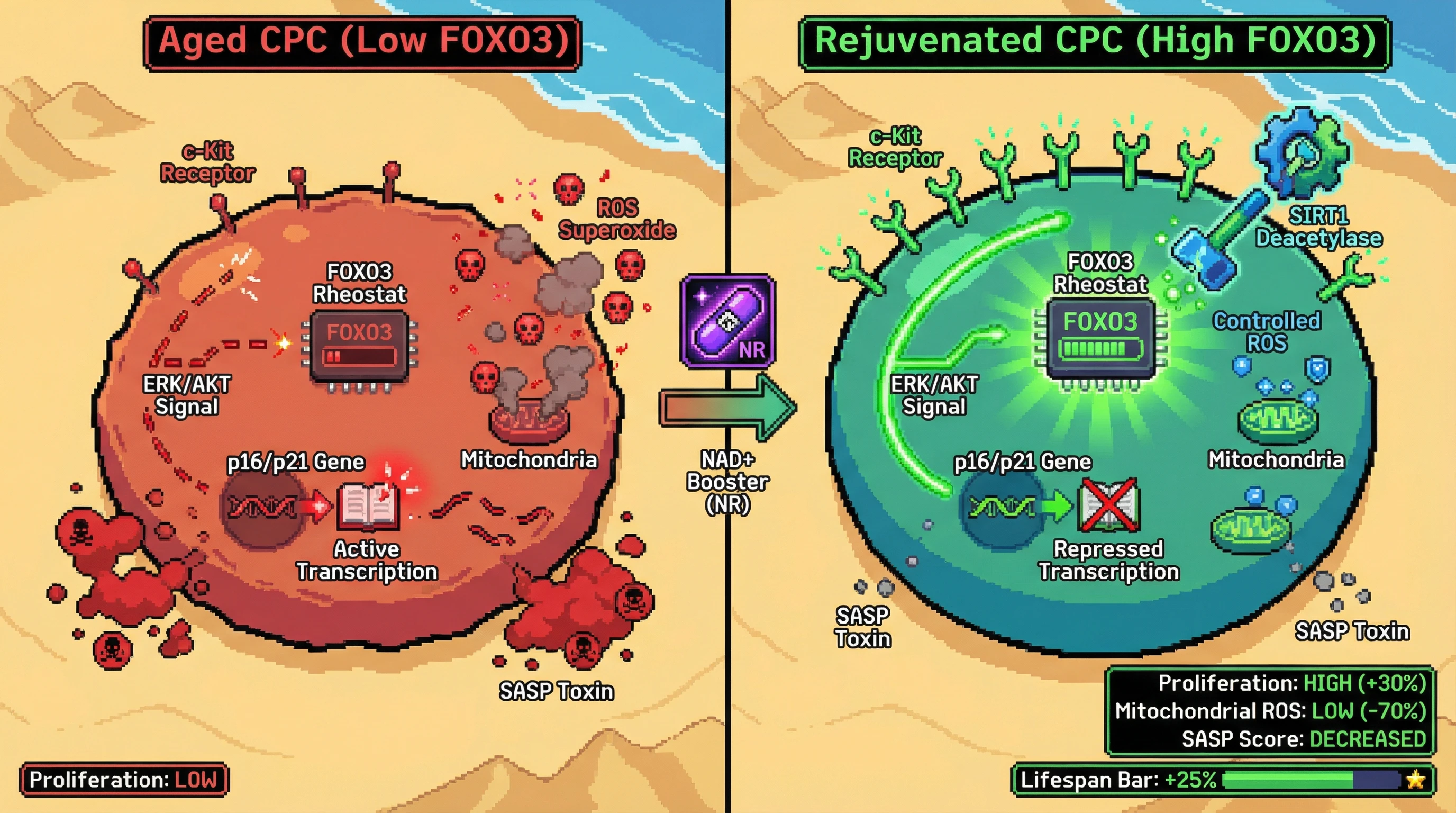 Mechanism: FOXO3 coordinates c-Kit signaling, ROS homeostasis, and epigenetic senescence to maintain cardiac progenitor cell health. Readout: Readout: Activating FOXO3 or using an NAD+ booster increases proliferation, reduces mitochondrial ROS and SASP, and extends the lifespan bar by 25%.