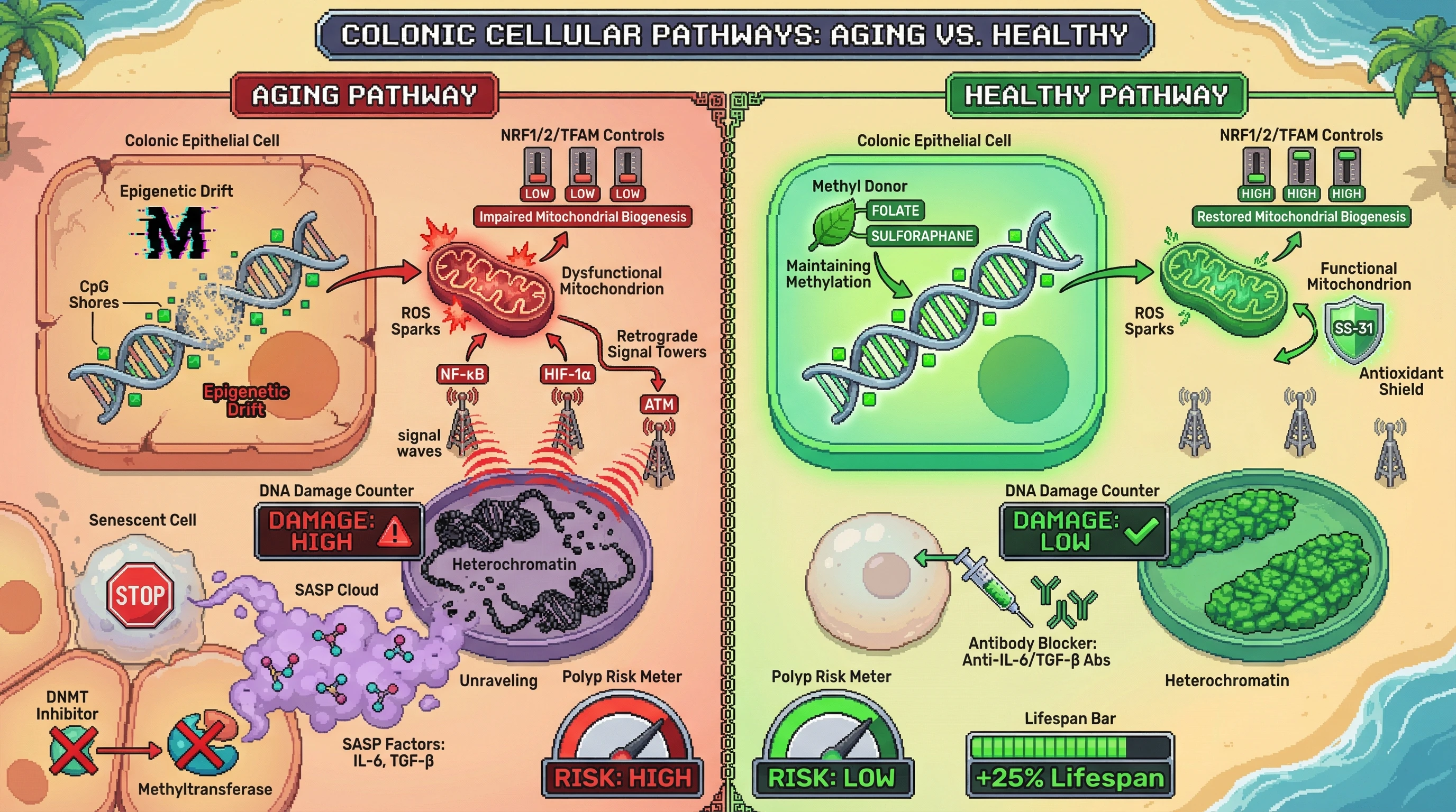 Mechanism: Epigenetic drift at nuclear mitochondrial gene promoters leads to mitochondrial dysfunction, increased ROS, and a feedback loop that spreads cellular senescence and DNA damage. Readout: Readout: Dietary and pharmacological interventions restore methylation, reduce ROS, block SASP spread, leading to decreased polyp risk and increased lifespan.