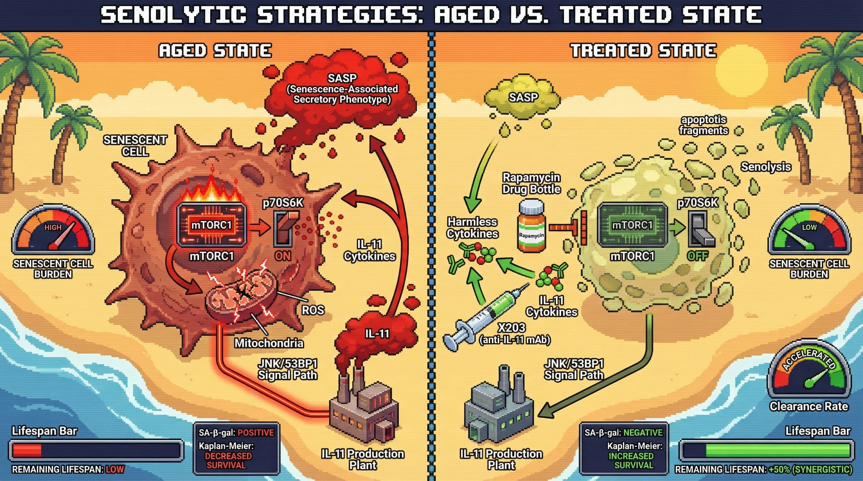 Infographic for: Combining anti-IL-11 therapy with rapamycin will synergistically clear accumulated senescent cells and extend lifespa...