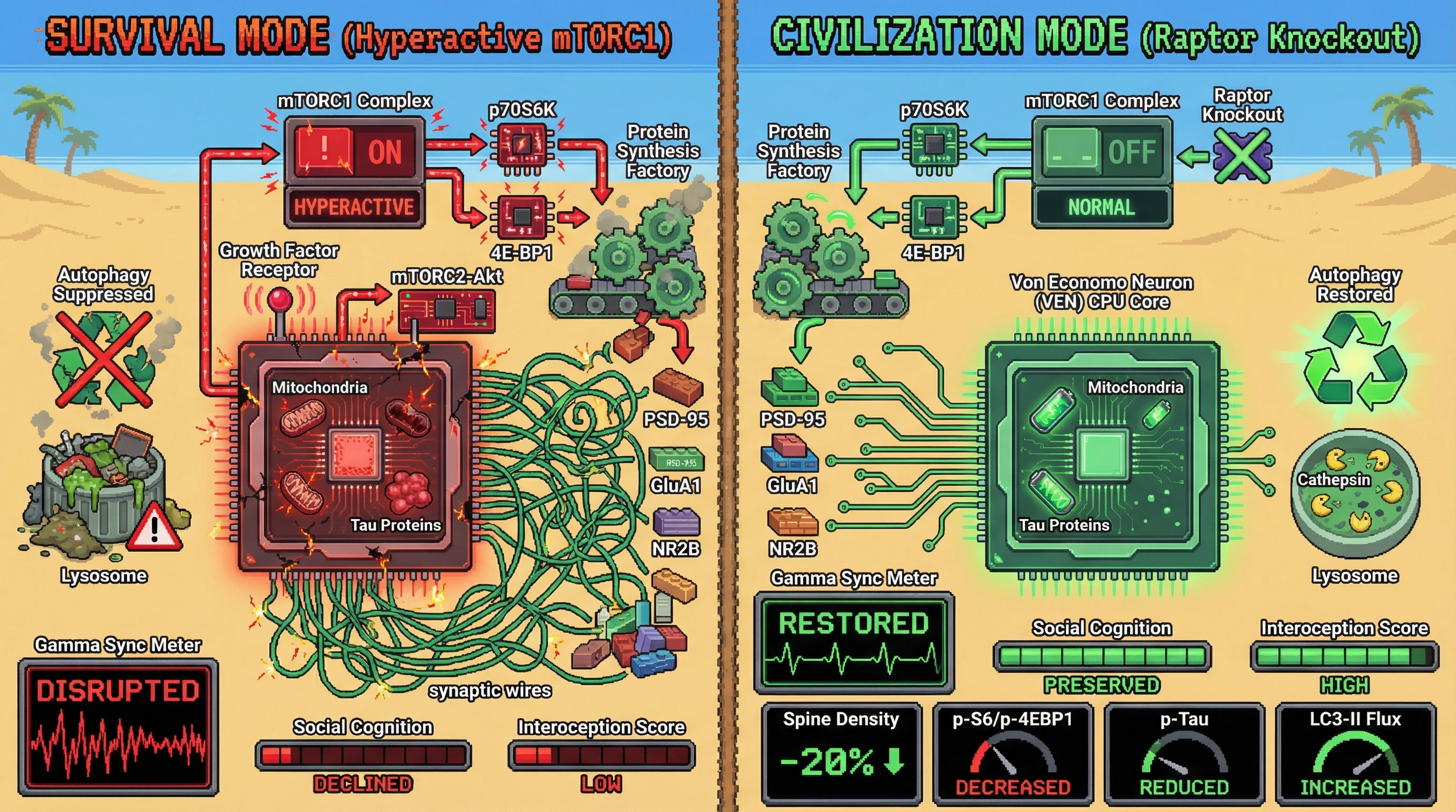 Infographic for: mTORC1 Hyperactivation in Von Economo Neurons Shifts Interoceptive Circuits From Collective Signaling to Cell‑Autonomous Survival, Driving Early Social‑Cognitive Decline