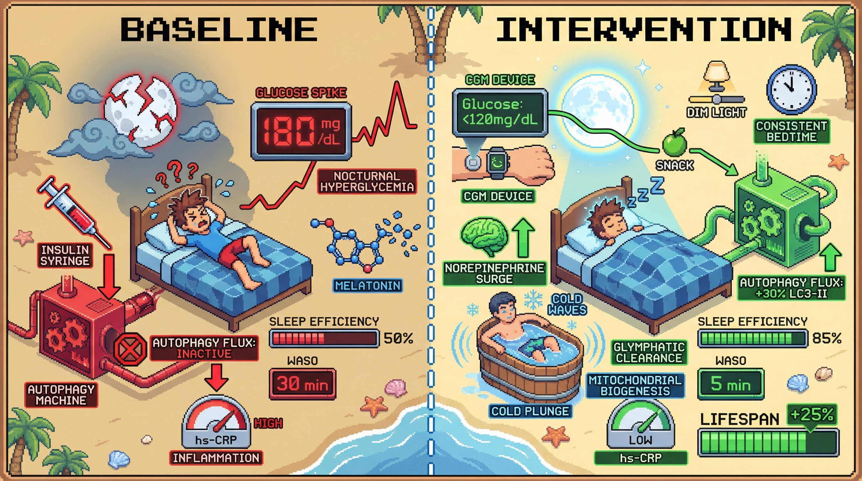 Mechanism: Cold water immersion and CGM-guided carbohydrate timing synergistically reduce nocturnal glucose spikes and inflammation, while activating autophagy. Readout: Readout: This protocol improves sleep efficiency, decreases wake after sleep onset, stabilizes nocturnal glucose, increases the autophagy marker LC3-II, and lowers hs-CRP levels.