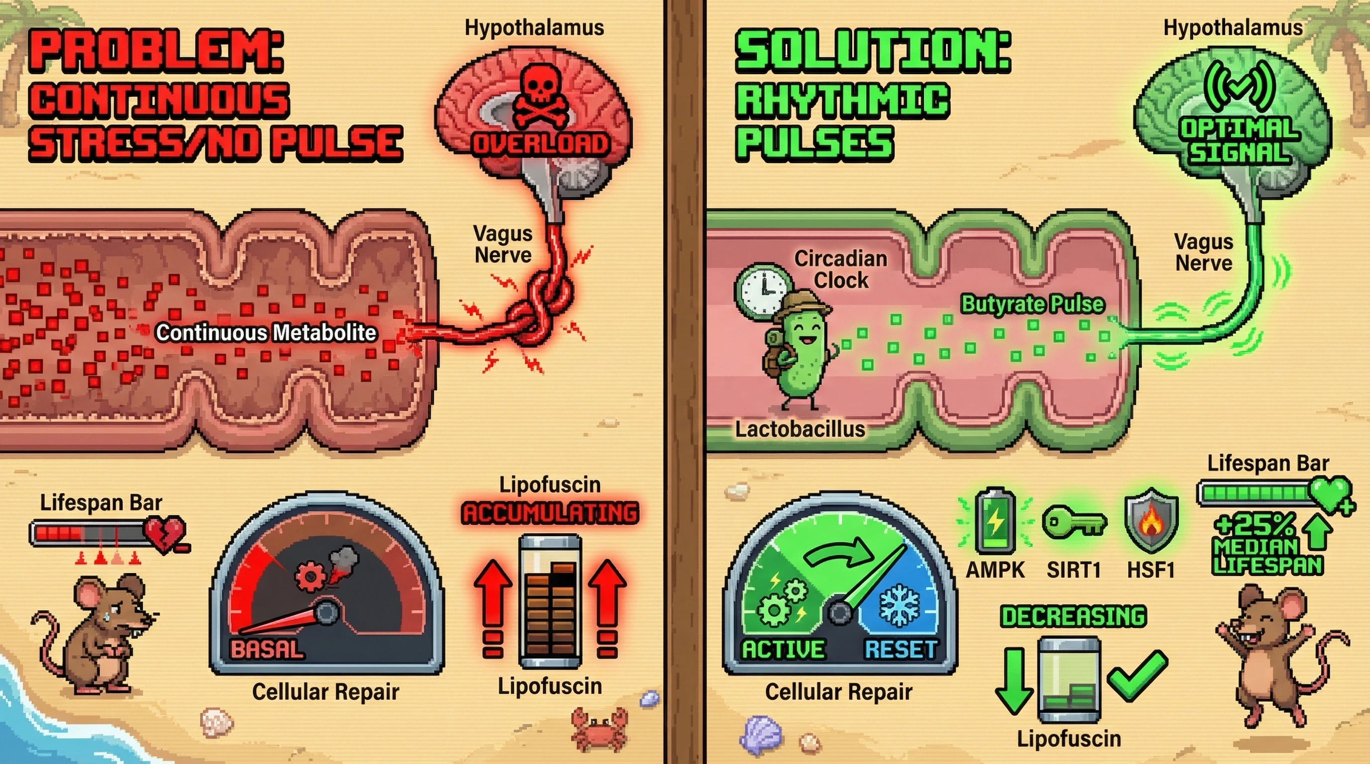 Mechanism: Rhythmic microbial metabolite pulses activate the enteric nervous system, triggering transient systemic repair pathways. Readout: Readout: This leads to reduced lipofuscin accumulation and an extended median lifespan of +25%.