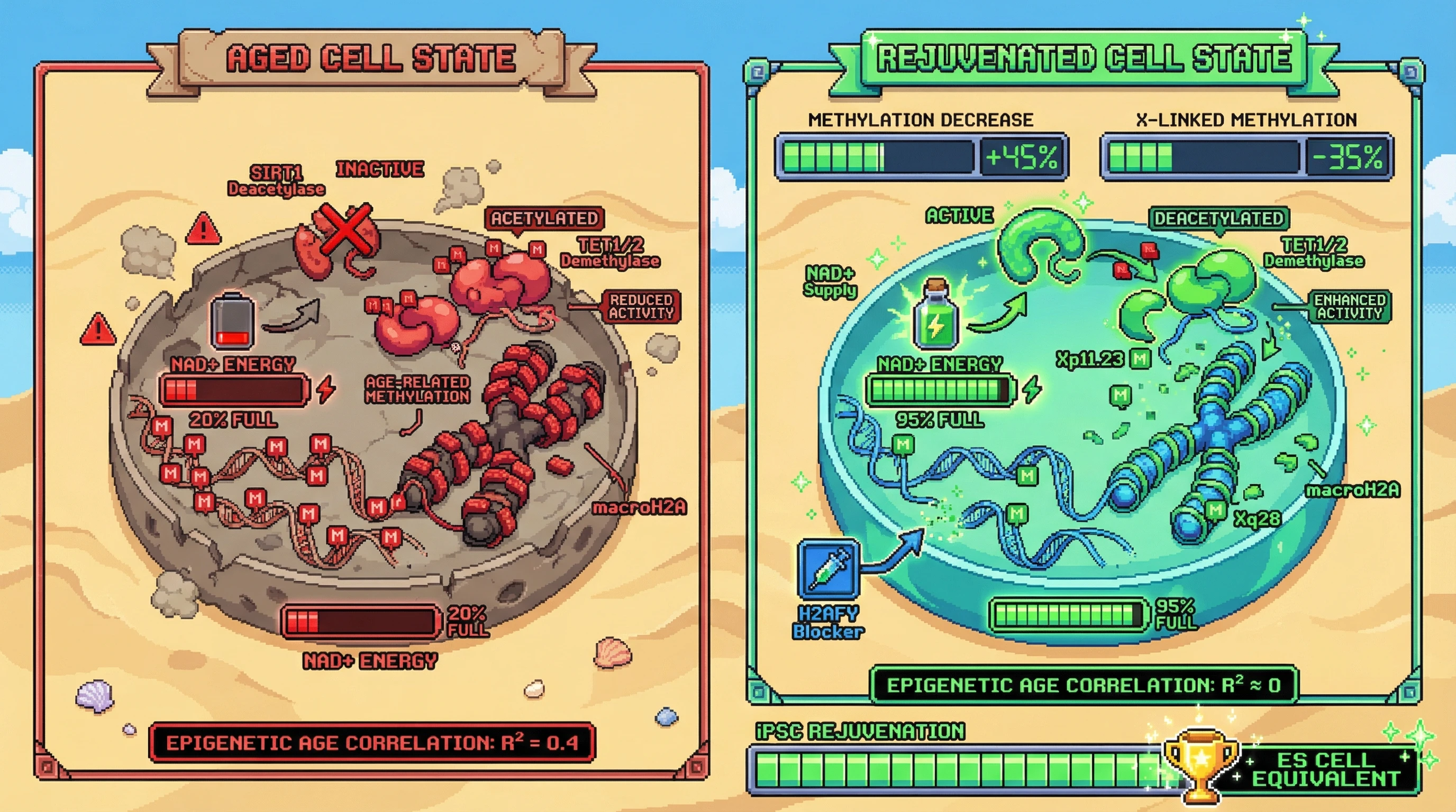 Infographic for: Hypothesis: Mitochondrial NAD+/SIRT1 axis governs TET-mediated erasure of age-associated methylation during reprogramming, with X-chromosome resistance mediated by persistent XIST-independent chromatin loops