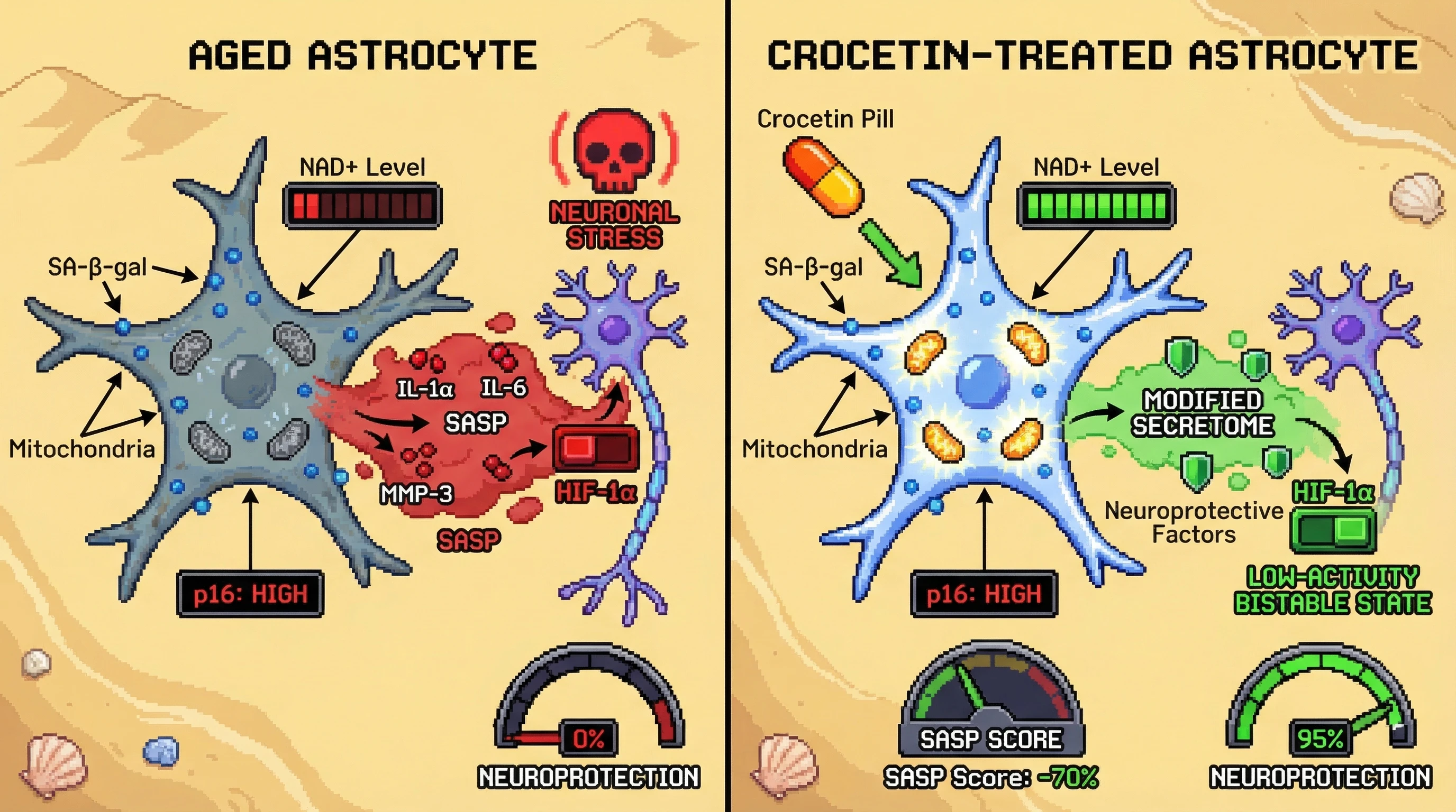 Mechanism: Crocetin reprograms senescent astrocytes by restoring NAD+ and shifting their secretome, which then modulates neuronal HIF-1α to a neuroprotective low-activity state. Readout: Readout: Astrocytes maintain p16 senescence while significantly reducing SASP components and increasing neuronal neuroprotection.