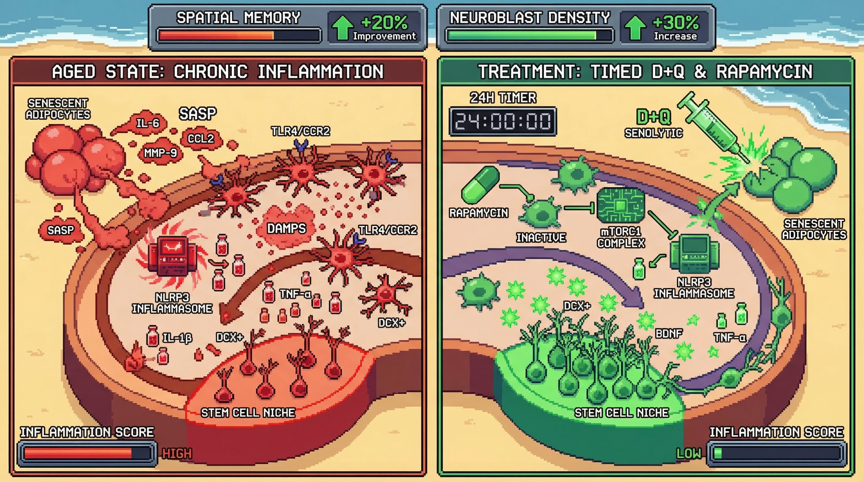 Infographic for: Timed senolytic‑rapamycin sequencing attenuates SASP‑driven microglial inflammation and restores hippocampal neurogenesis in aging