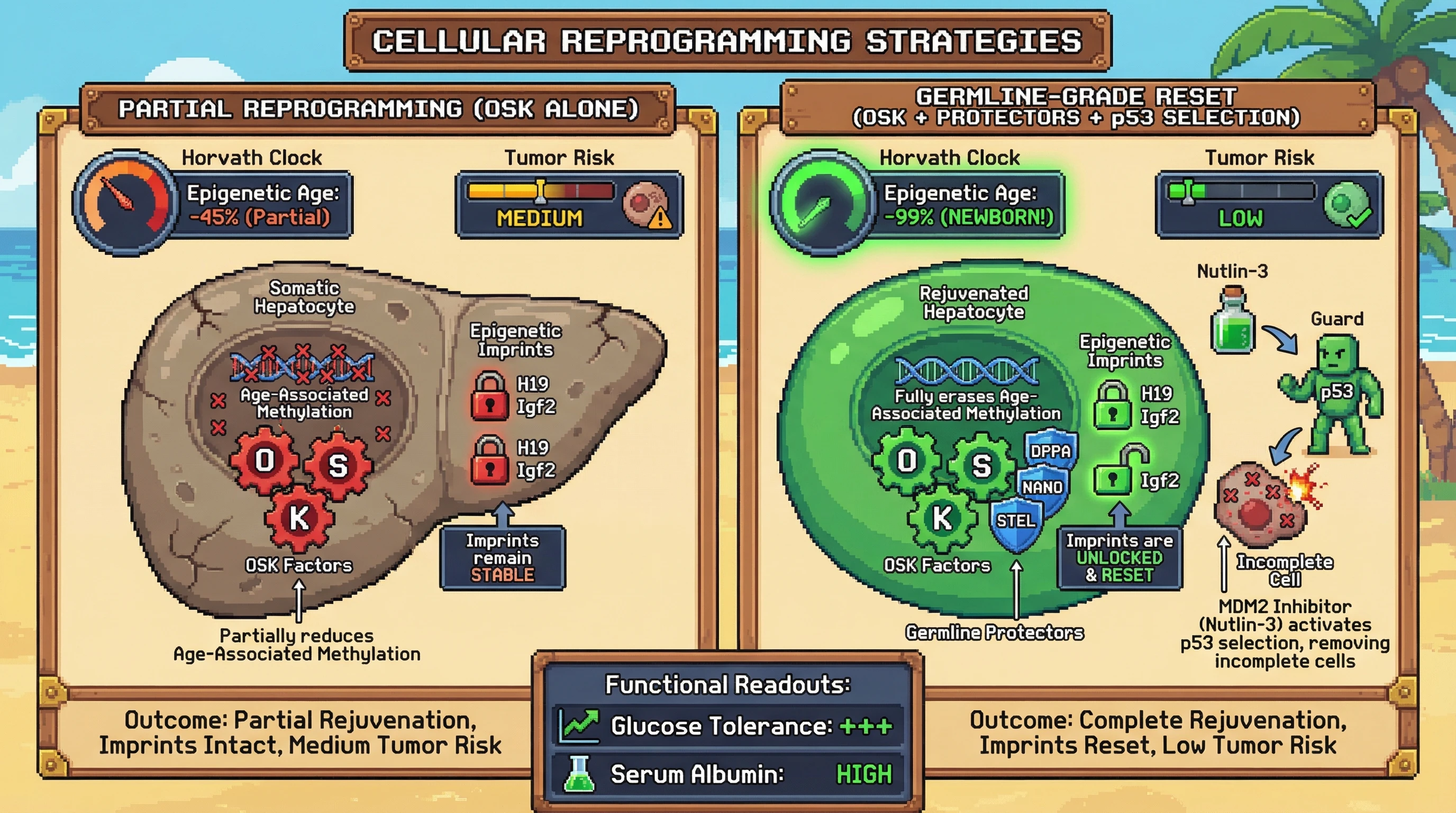 Mechanism: Combined OSK factors and germline protectors induce a comprehensive epigenetic reset in somatic cells, while p53-mediated selection removes incompletely reprogrammed cells. Readout: Readout: Epigenetic age is reduced to newborn levels, imprinting marks are erased, and functional readouts improve without increased tumorigenesis.