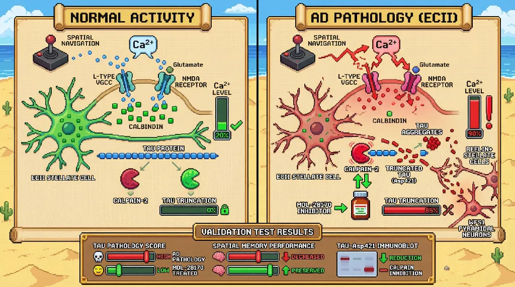 Infographic for: Activity‑Dependent Calcium Microdomain Dysregulation in ECII Stellate Cells Triggers Tau Seeding via Calpain‑Mediated Truncation
