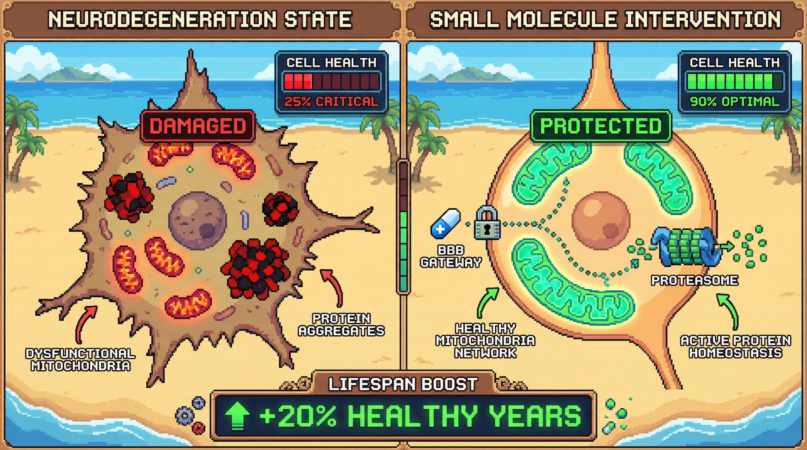 This infographic illustrates how small molecule drugs, unlike traditional biologics, cross the blood-brain barrier to directly enhance mitochondrial dynamics and protein homeostasis, protecting neurons from neurodegeneration and extending healthy lifespan.