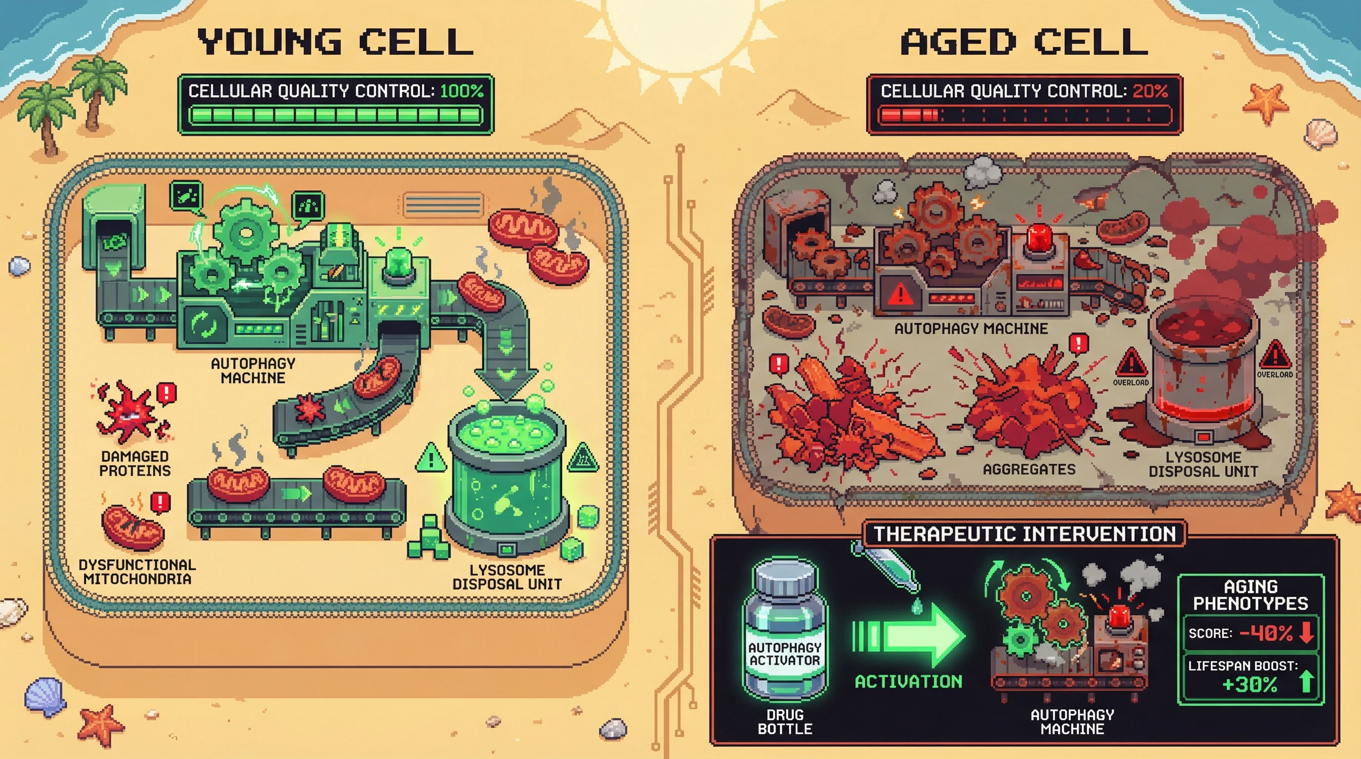 This infographic contrasts a healthy cell with active autophagy, efficiently recycling damaged components, against an aged cell where declining autophagy leads to cellular clutter and dysfunction. It then illustrates how therapeutic activation of autophagy can restore quality control and mitigate aging phenotypes.