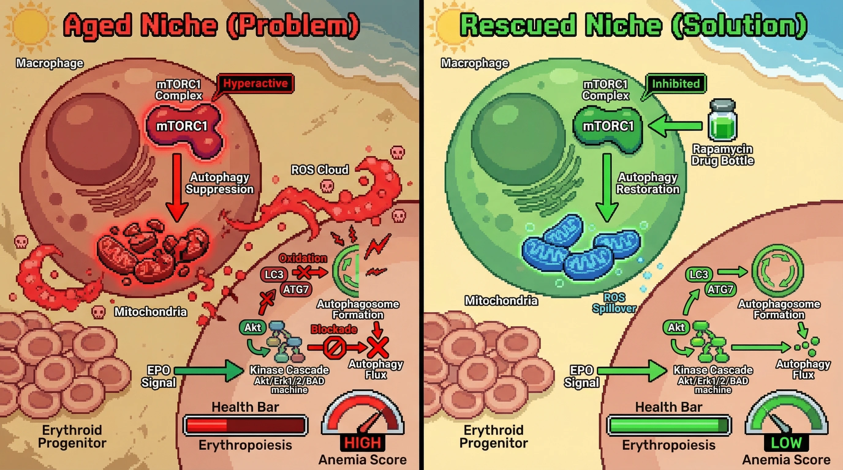 Mechanism: Aged bone marrow macrophages develop hyperactive mTORC1, suppressing autophagy and increasing ROS spillover that oxidizes erythroid progenitor autophagy proteins. Readout: Readout: Inhibiting macrophage mTORC1 reduces ROS, restores EPO-induced autophagy in progenitors, and improves erythropoiesis, decreasing anemia.