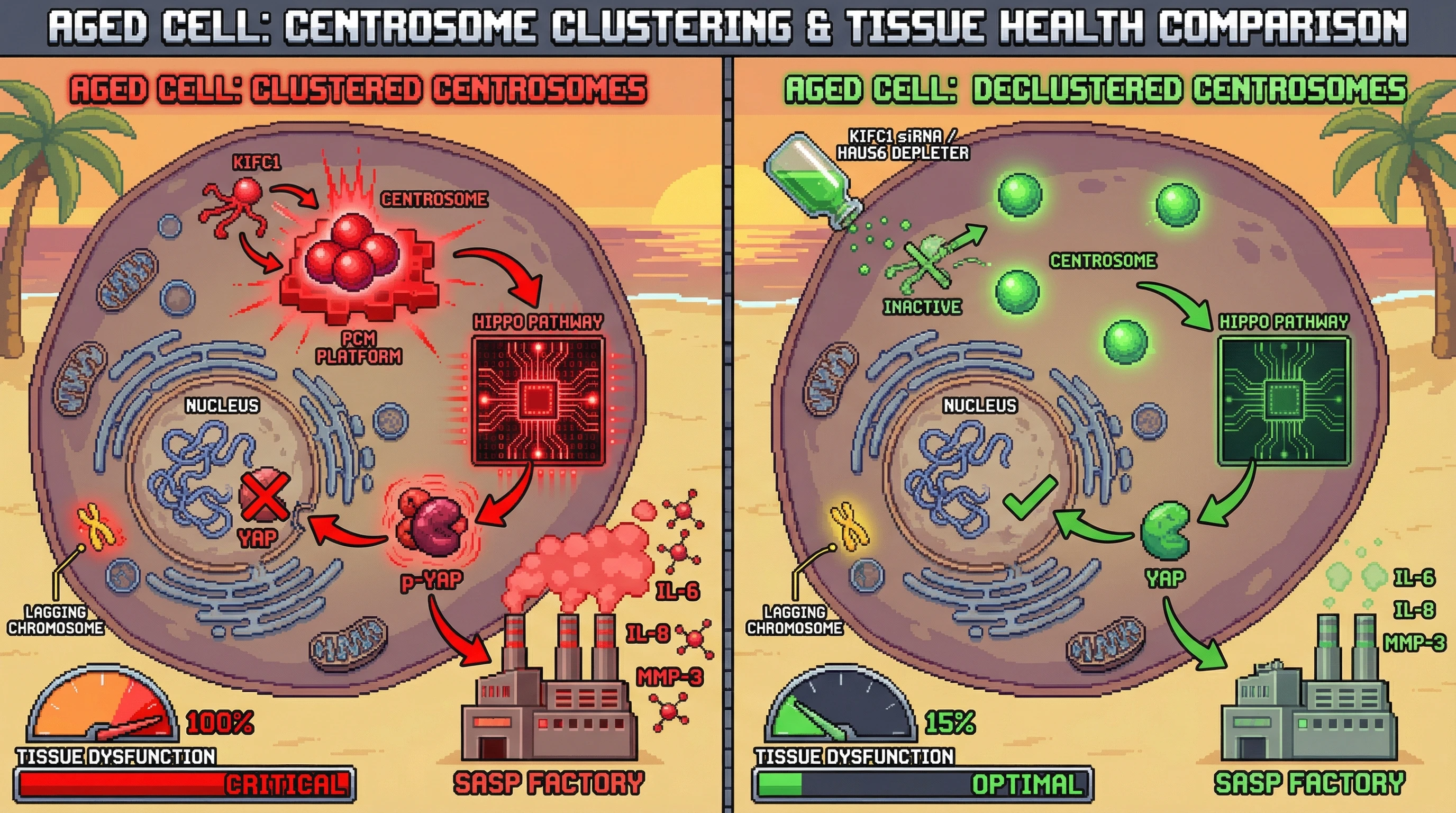 Mechanism: In aged cells, centrosome clustering forms a platform that activates the Hippo pathway, leading to cytoplasmic YAP and increased SASP. Readout: Readout: Declustering centrosomes reduces Hippo activity, increases nuclear YAP, and decreases SASP factors like IL-6, IL-8, and MMP-3, improving cellular health.