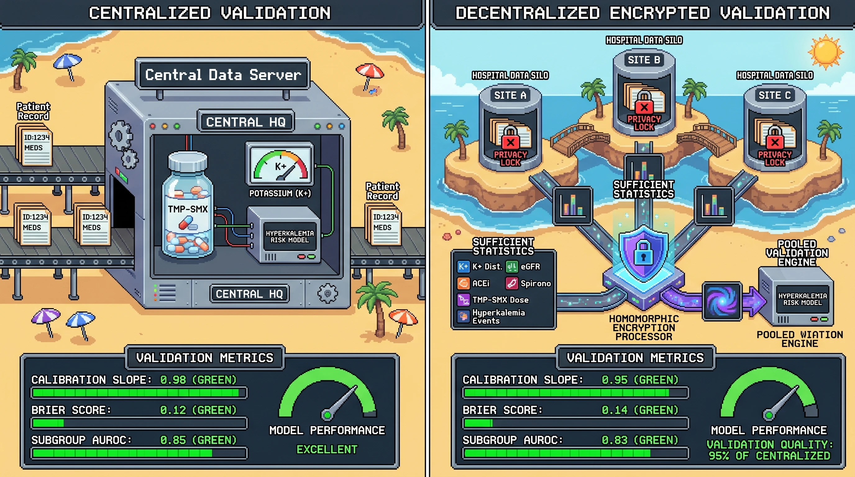 Infographic for: Hypothesis: Homomorphically encrypted sufficient-statistic pooling can externally validate TMP-SMX hyperkalemia safety models across decentralized autoimmune cohorts without exposing raw labs