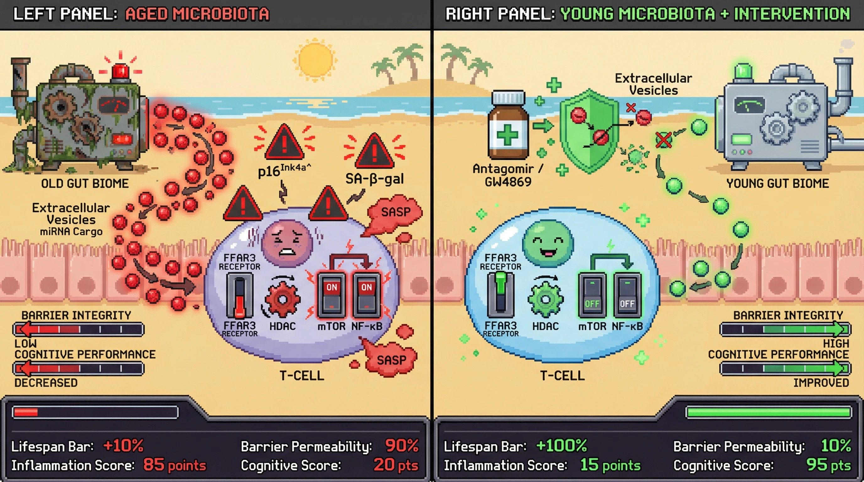 Infographic for: Microbiota-derived extracellular vesicles as epigenetic drivers of T-cell senescence and inflammaging via miRNA-mediated suppression of butyrate signaling