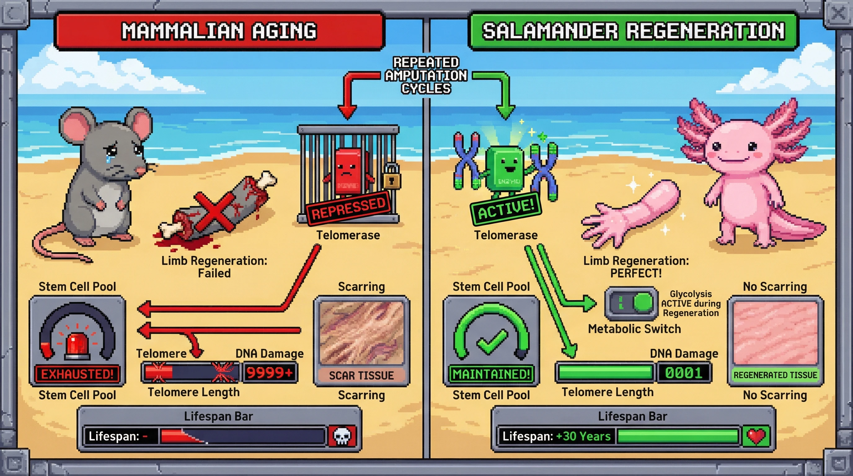 This pixel art infographic compares how salamanders maintain robust stem cell pools and regenerate limbs perfectly for decades, unlike mammals that experience stem cell exhaustion and aging. It highlights key mechanisms like active telomerase and metabolic flexibility in a retro game interface style.