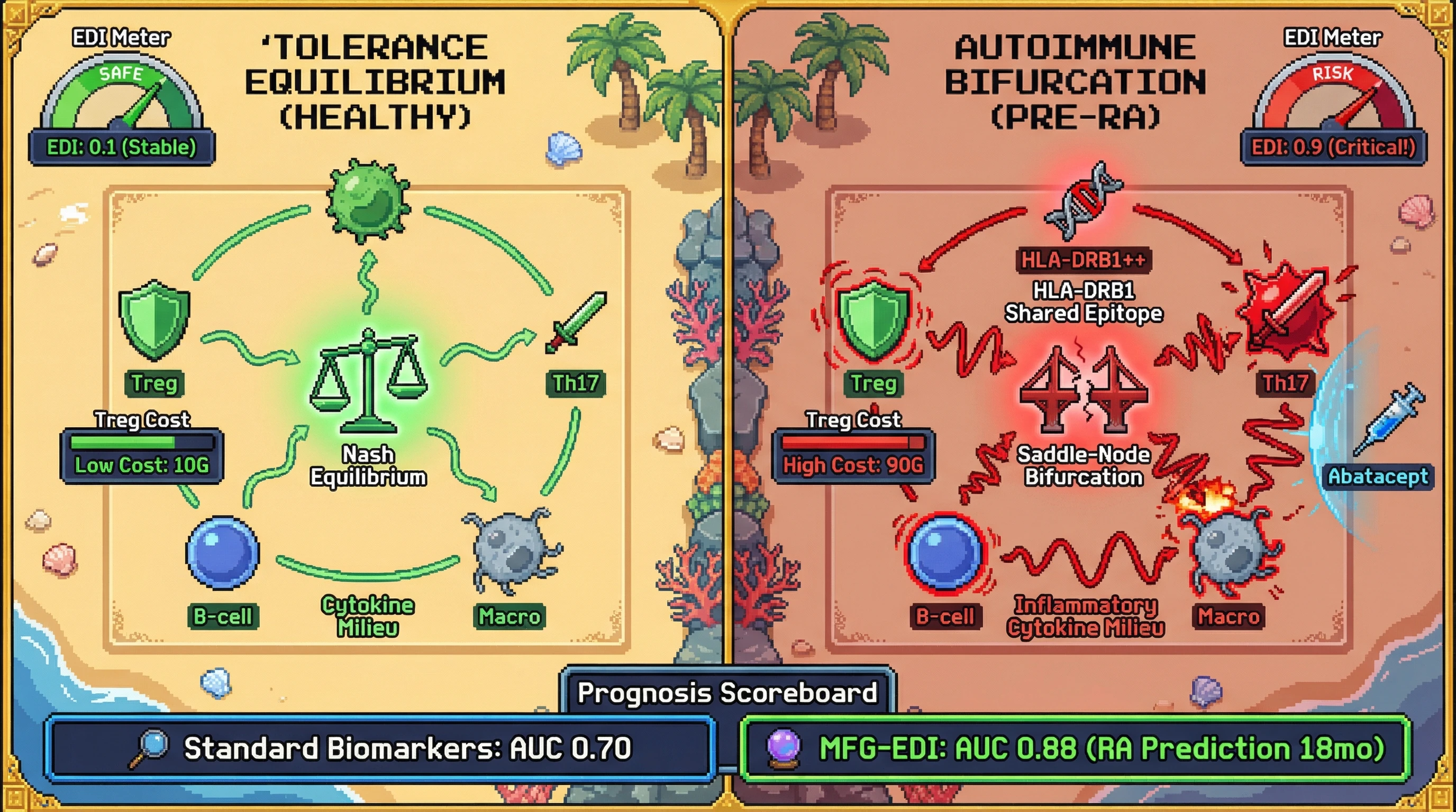 Mechanism: Mean-Field Game theory shows preclinical Rheumatoid Arthritis as a breakdown of immune cell Nash equilibrium, marked by increasing Treg cost and a saddle-node bifurcation. Readout: Readout: The Equilibrium Deviation Index (EDI) exceeds a critical threshold, predicting RA onset within 18 months with AUC 0.85.