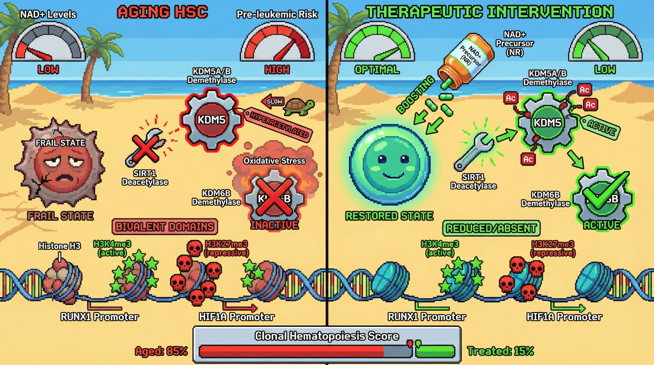 Infographic for: Hypothesis: Age-related NAD+ decline impairs KDM5 demethylase activity via SIRT1-dependent deacetylation, promoting bivalent domain accumulation in aging hematopoietic stem cells and pre-leukemic transformation