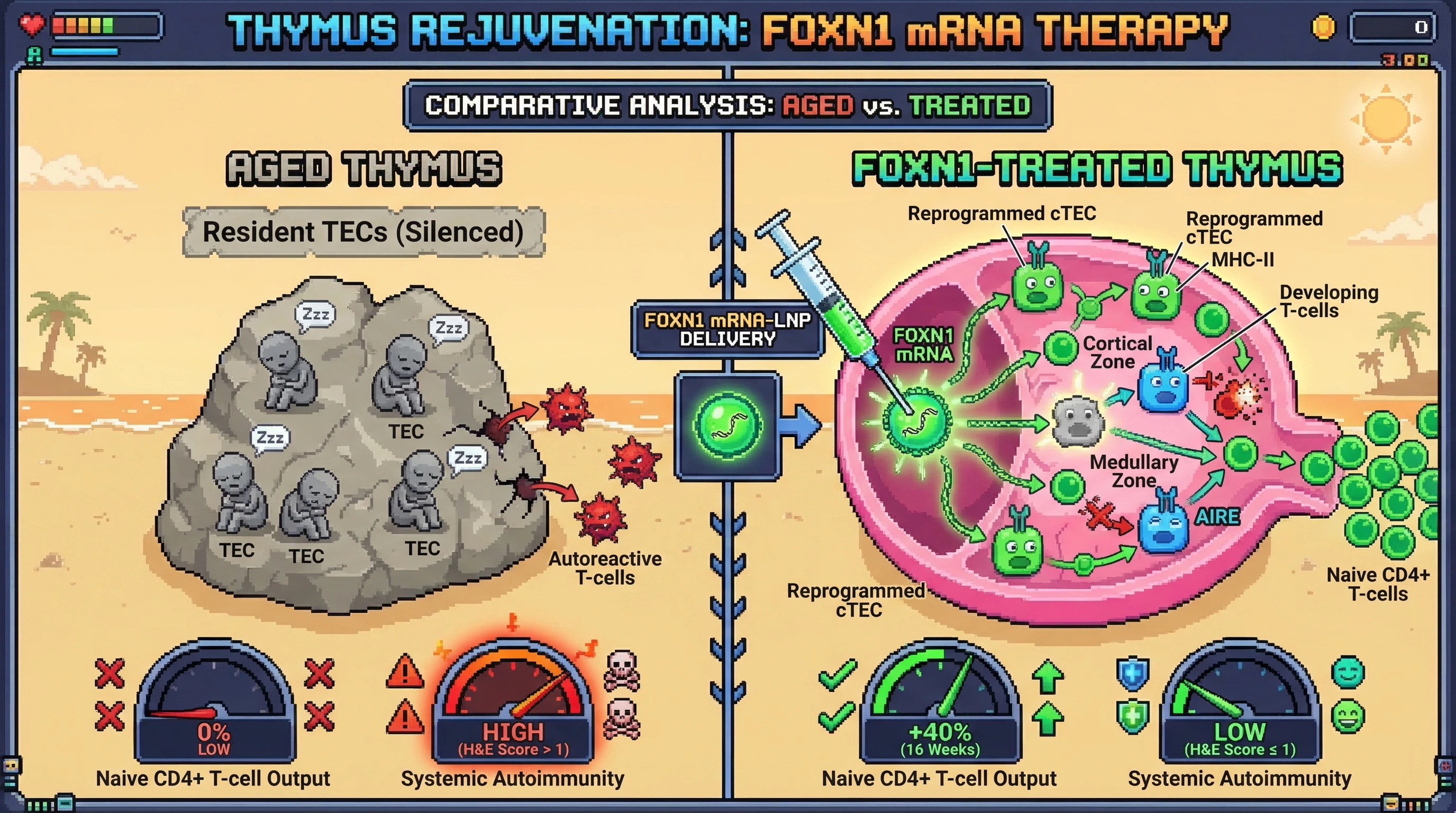 Mechanism: Intra-thymic FOXN1 mRNA-LNP delivery reactivates silenced resident TECs, restoring thymic zonation and function. Readout: Readout: Peripheral naive CD4+ T-cell output increases by 40% with no evidence of systemic autoimmunity.