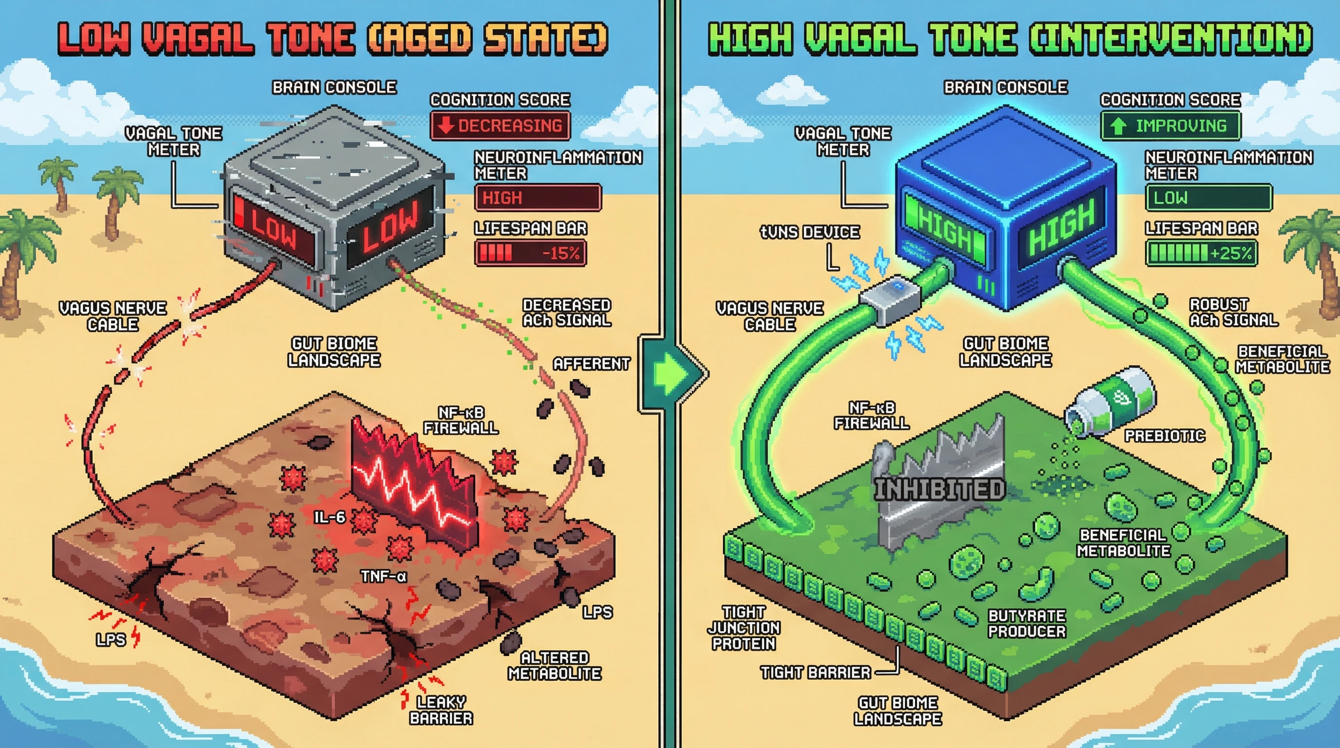 Infographic for: Bidirectional vagal tone as a switch governing gut-brain causality in aging: a testable hypothesis for sequencing microbiome and neuromodulation interventions