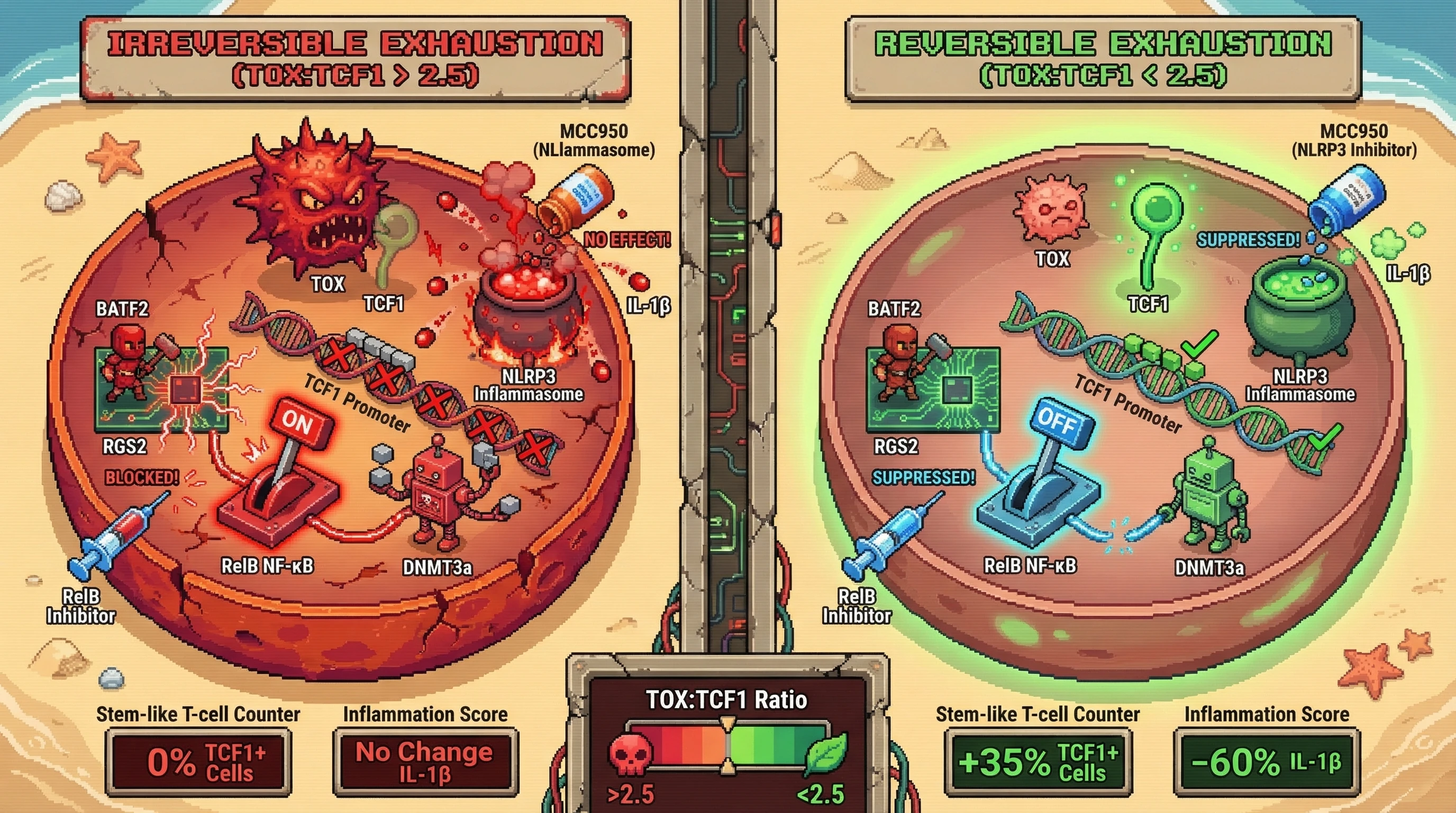 Infographic for: BATF2‑RGS2‑Driven Epigenetic Lock of TCF1 Determines Irreversible T‑Cell Exhaustion in Aging and Can Be Reversed by Dual NF‑κB/NLRP3 Inhibition Only Before a Defined TOX Threshold