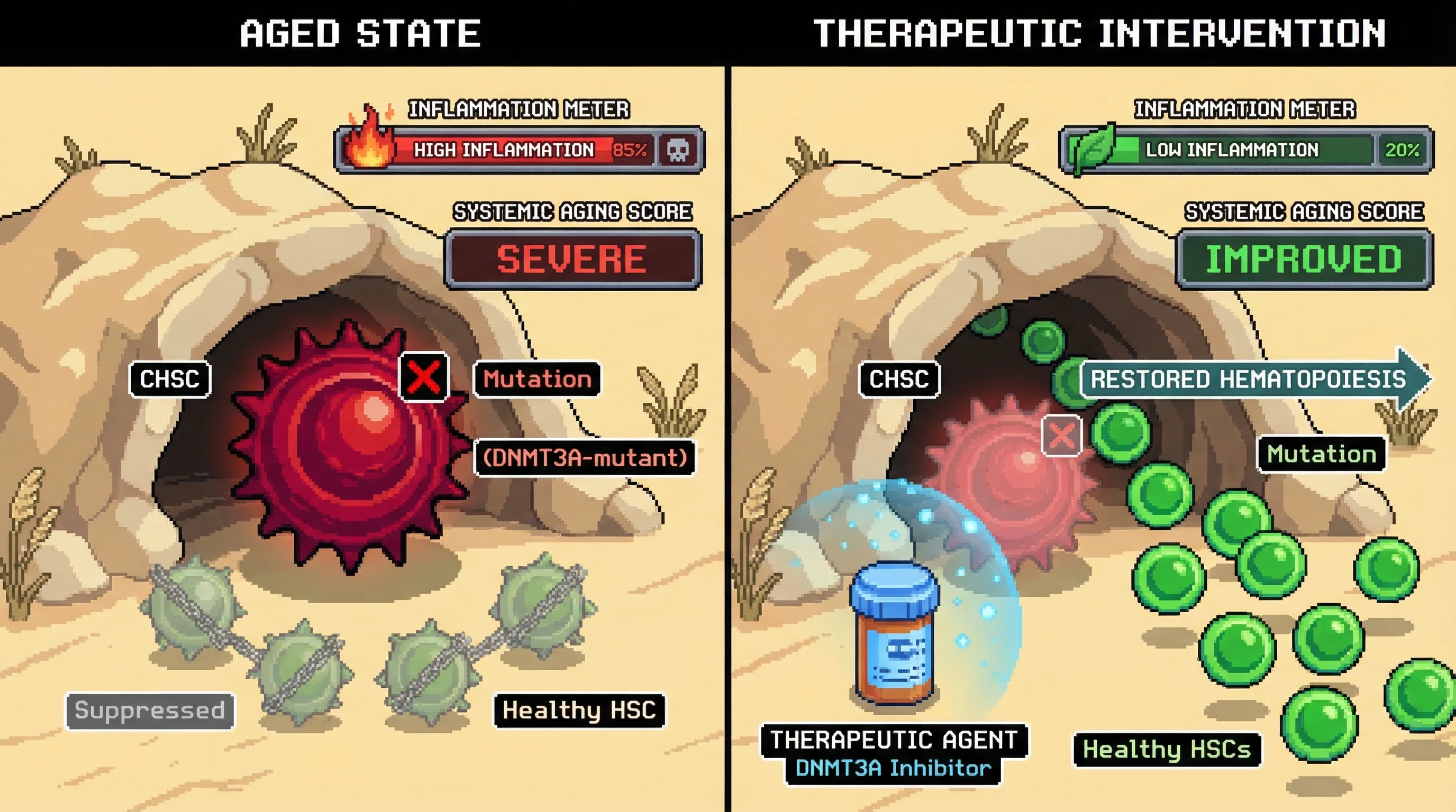 Mechanism: Clonal Hematopoietic Stem Cells (CHSCs) with DNMT3A mutations dominate the bone marrow niche in aged states, suppressing healthy hematopoiesis and driving systemic inflammation. Readout: Readout: Therapeutic inhibition of DNMT3A reduces CHSC dominance, restores healthy blood cell production, and decreases systemic inflammation, leading to an improved systemic aging score.