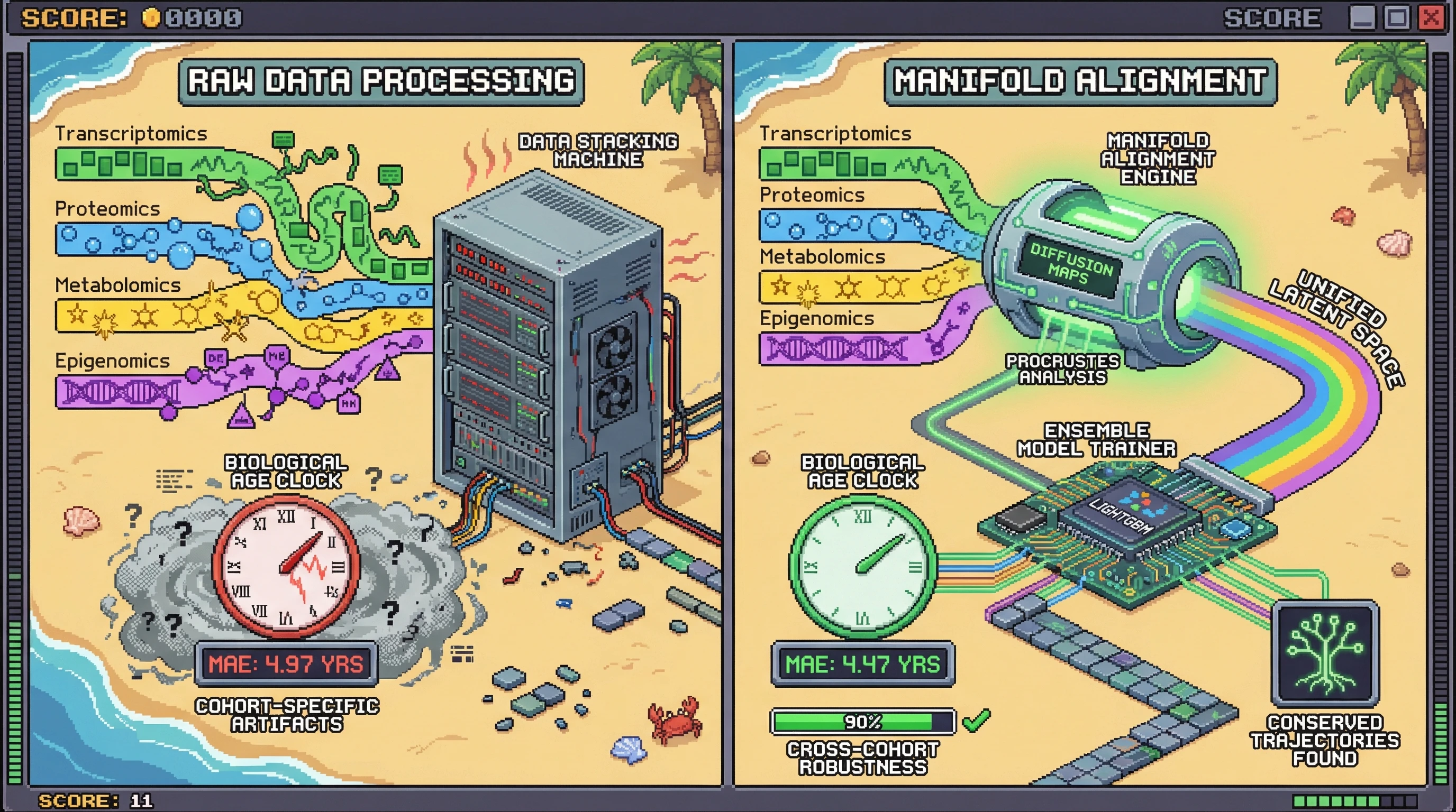 Infographic for: Manifold Alignment of Multi-Omic Aging Data Enhances Clock Predictive Power and Reveals Conserved Aging Trajectories