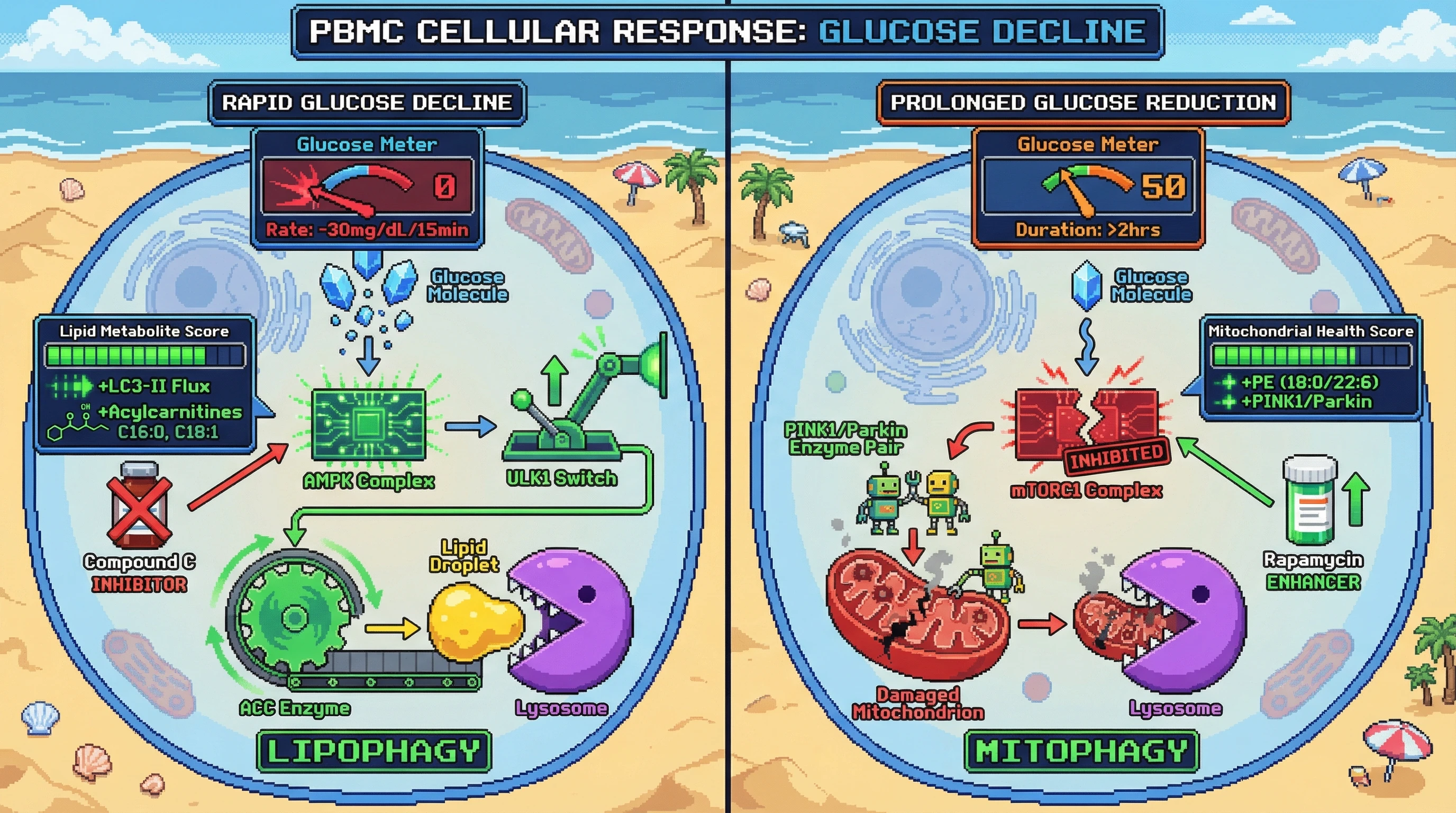 Mechanism: Rapid glucose declines preferentially activate AMPK-driven lipophagy, while prolonged glucose reductions favor mTORC1-dependent mitophagy. Readout: Readout: Rapid decline increases plasma acylcarnitines and LC3-II flux, whereas prolonged reduction elevates mitochondrial-derived phosphatidylethanolamine and PINK1/Parkin markers.