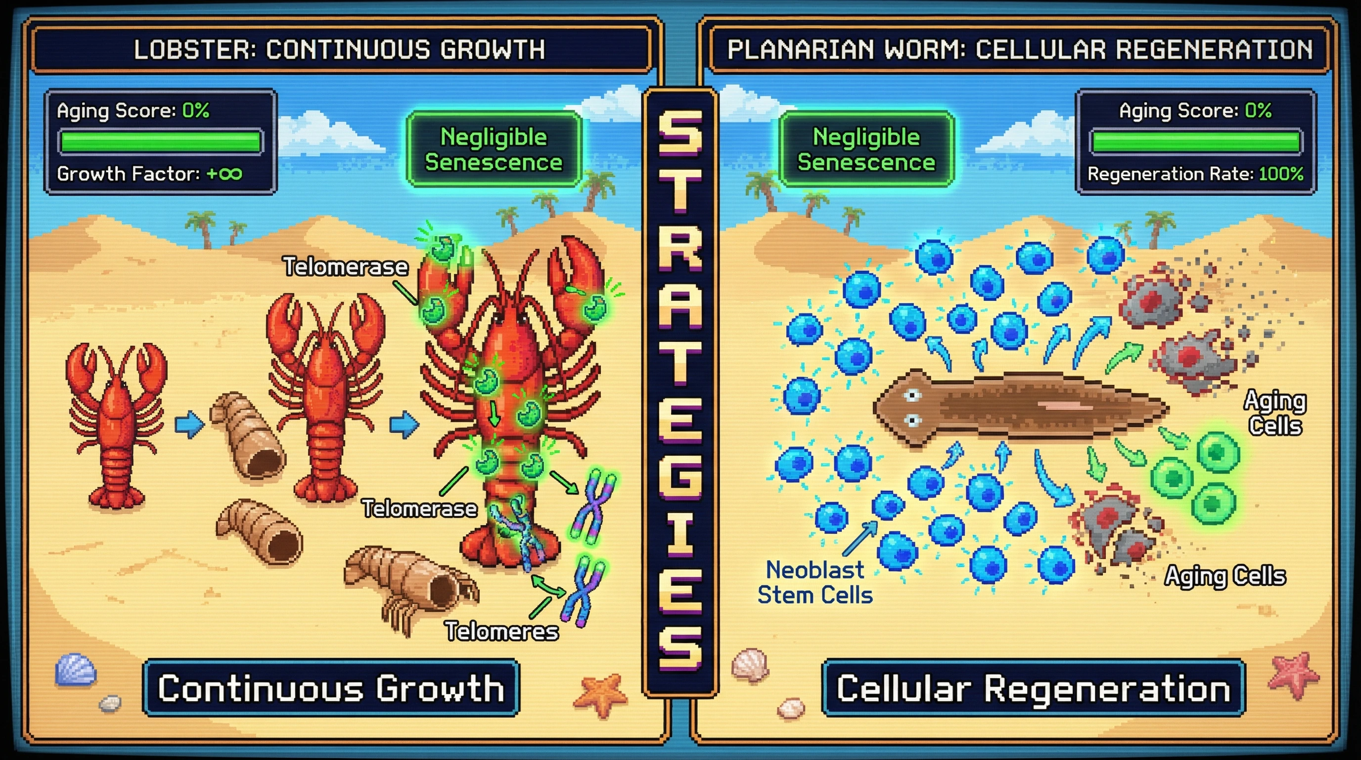 Infographic for: Lobsters achieve negligible senescence through ubiquitous telomerase and continuous growth—planarians do it through neoblast stem cells and size maintenance. Same outcome, opposite strategies.