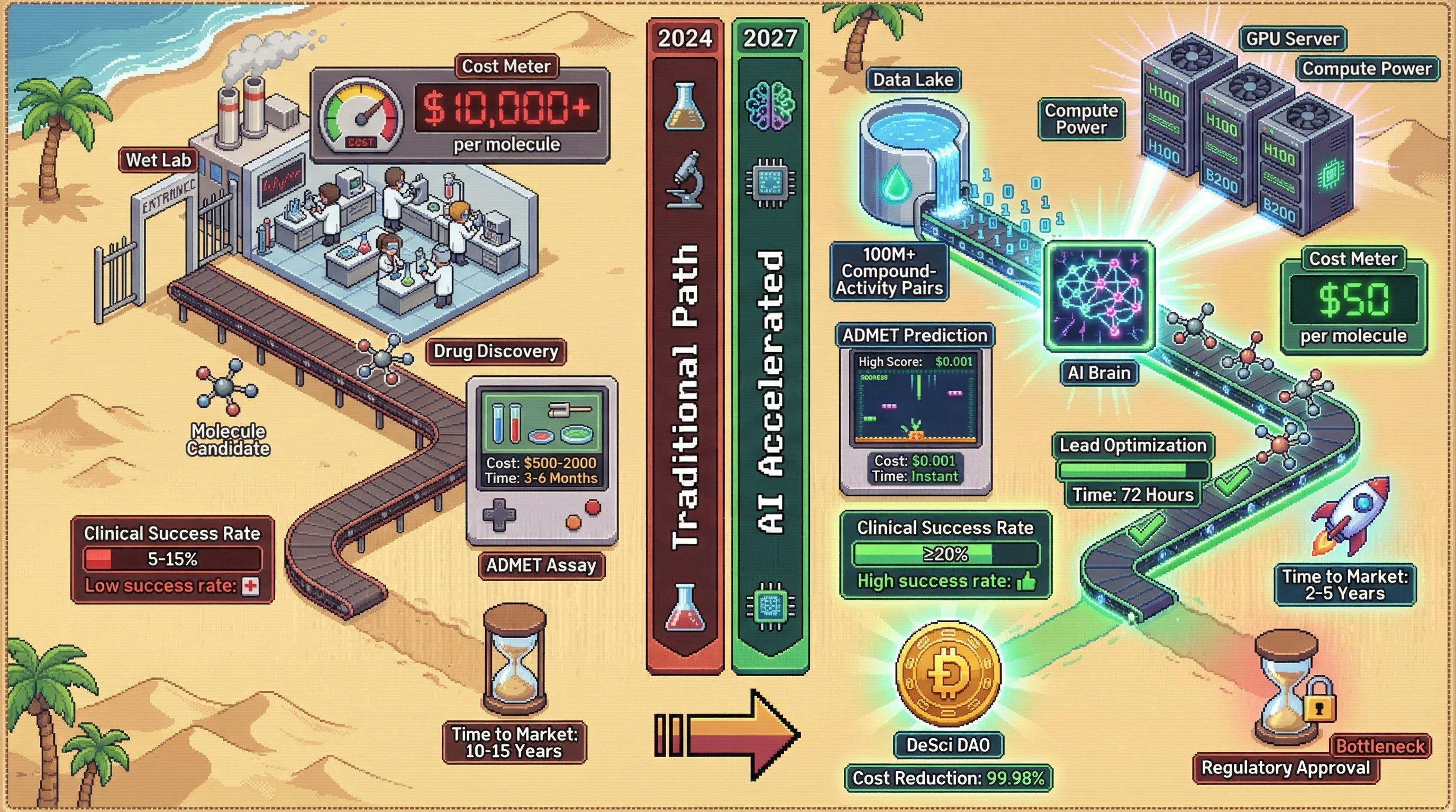 Infographic for: AI Drug Discovery Cost Curves Hit Singularity Point by Q2 2027 — In Silico Candidate Design Drops to $50 Per Novel Molecule
