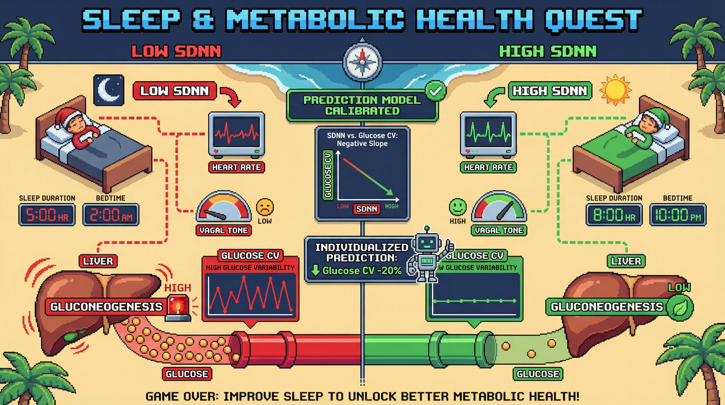 Mechanism: High nocturnal heart rate variability (SDNN) reflects strong vagal tone during sleep, which suppresses hepatic glucose production. Readout: Readout: This personalized coupling predicts lower next-day glucose variability (CV), enabling individual behavioral adjustments.