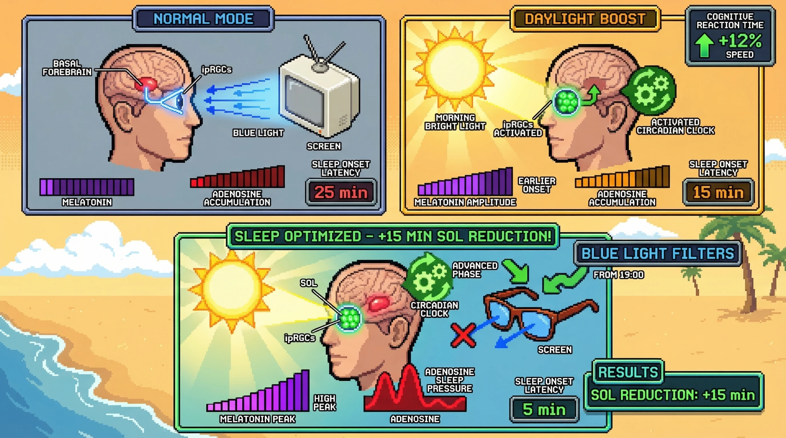 Mechanism: Combining morning bright light with evening blue-light filtering synergistically potentiates adenosine-mediated sleep pressure by advancing circadian phase and preserving nocturnal melatonin. Readout: Readout: Sleep onset latency is reduced by 15 minutes or more, with earlier and higher melatonin peaks and elevated adenosine levels in the basal forebrain.