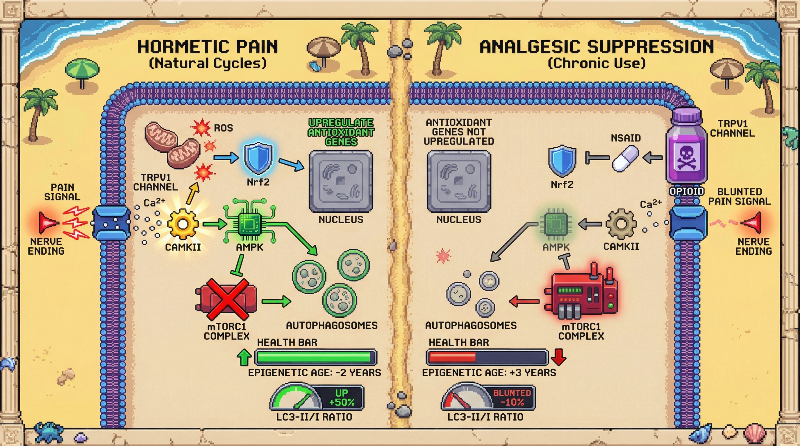 Mechanism: Brief pain activates AMPK and Nrf2 via Ca2+, promoting autophagy and antioxidant defenses, while chronic analgesic use dampens this hormetic pathway. Readout: Readout: This leads to slower epigenetic aging and increased LC3-II/I ratios in hormetic pain, contrasting with faster aging and blunted autophagy under analgesic suppression.