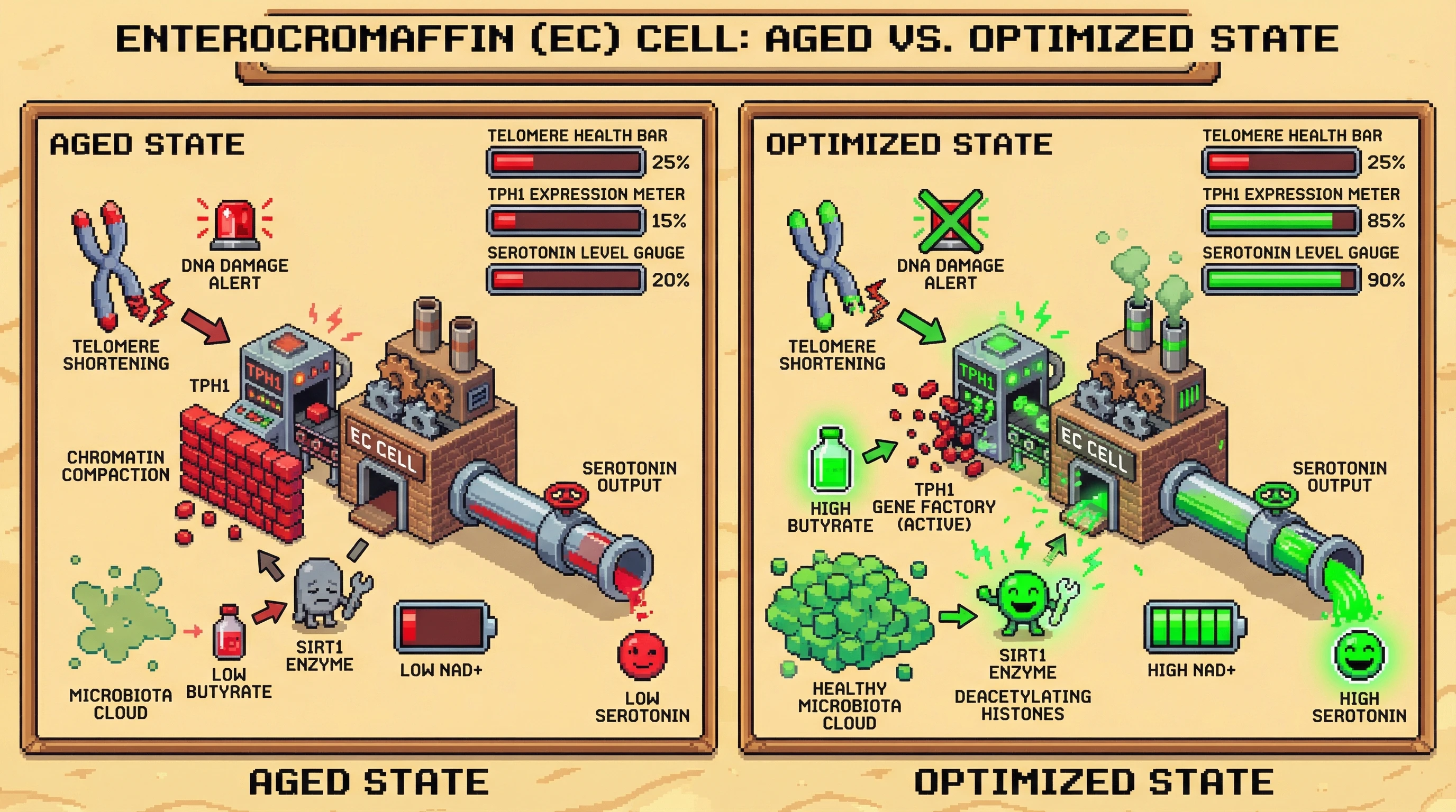 Infographic for: Telomere attritionin enterochromaffin cells drives age‑related serotonin loss via SIRT1‑dependent chromatin remodeling
