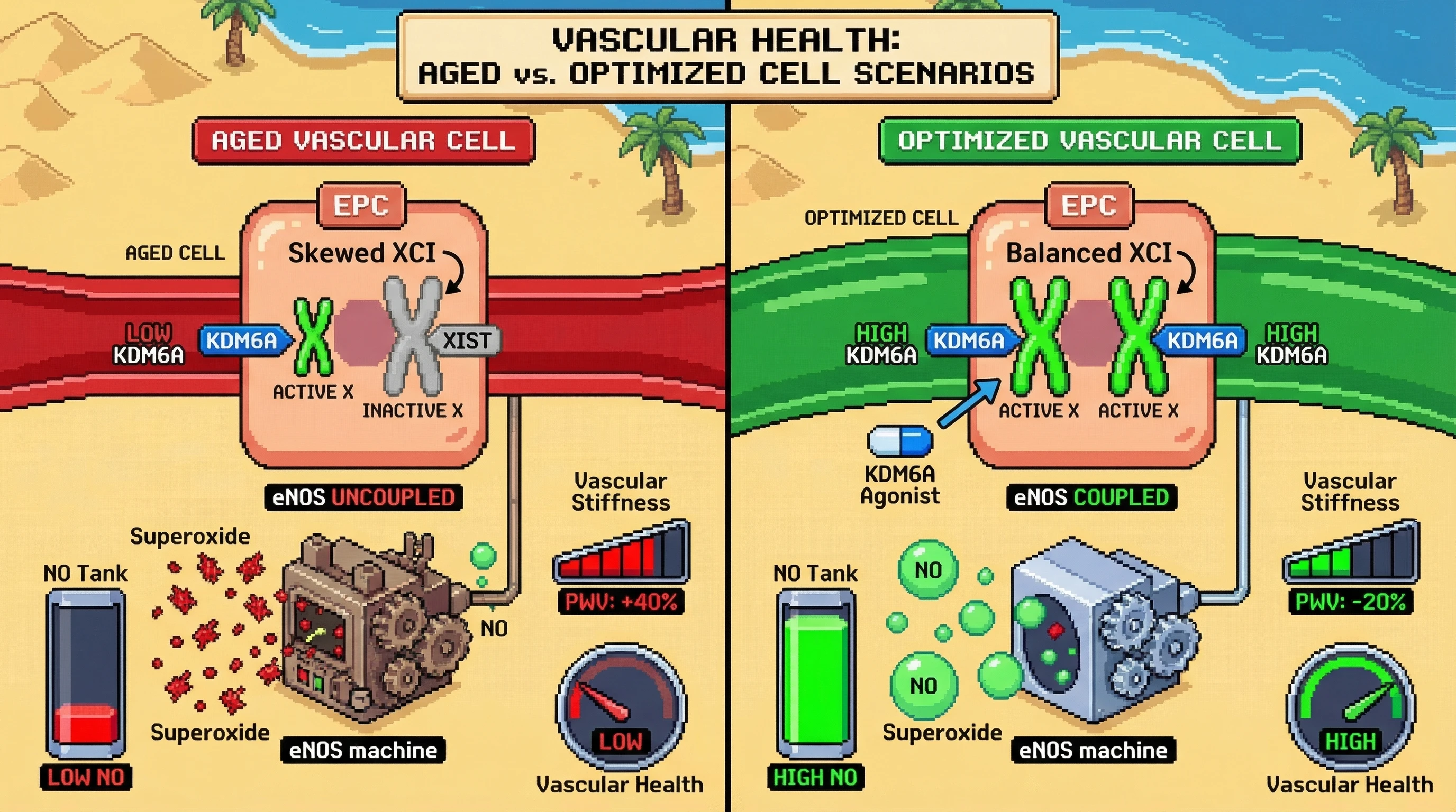 Mechanism: Age-related XCI skewing reduces active X-linked escape genes like KDM6A, uncoupling eNOS and increasing superoxide, leading to reduced NO and vascular stiffness. Readout: Readout: Balanced XCI or KDM6A activation improves NO production, decreasing PWV by 20% and increasing vascular health.