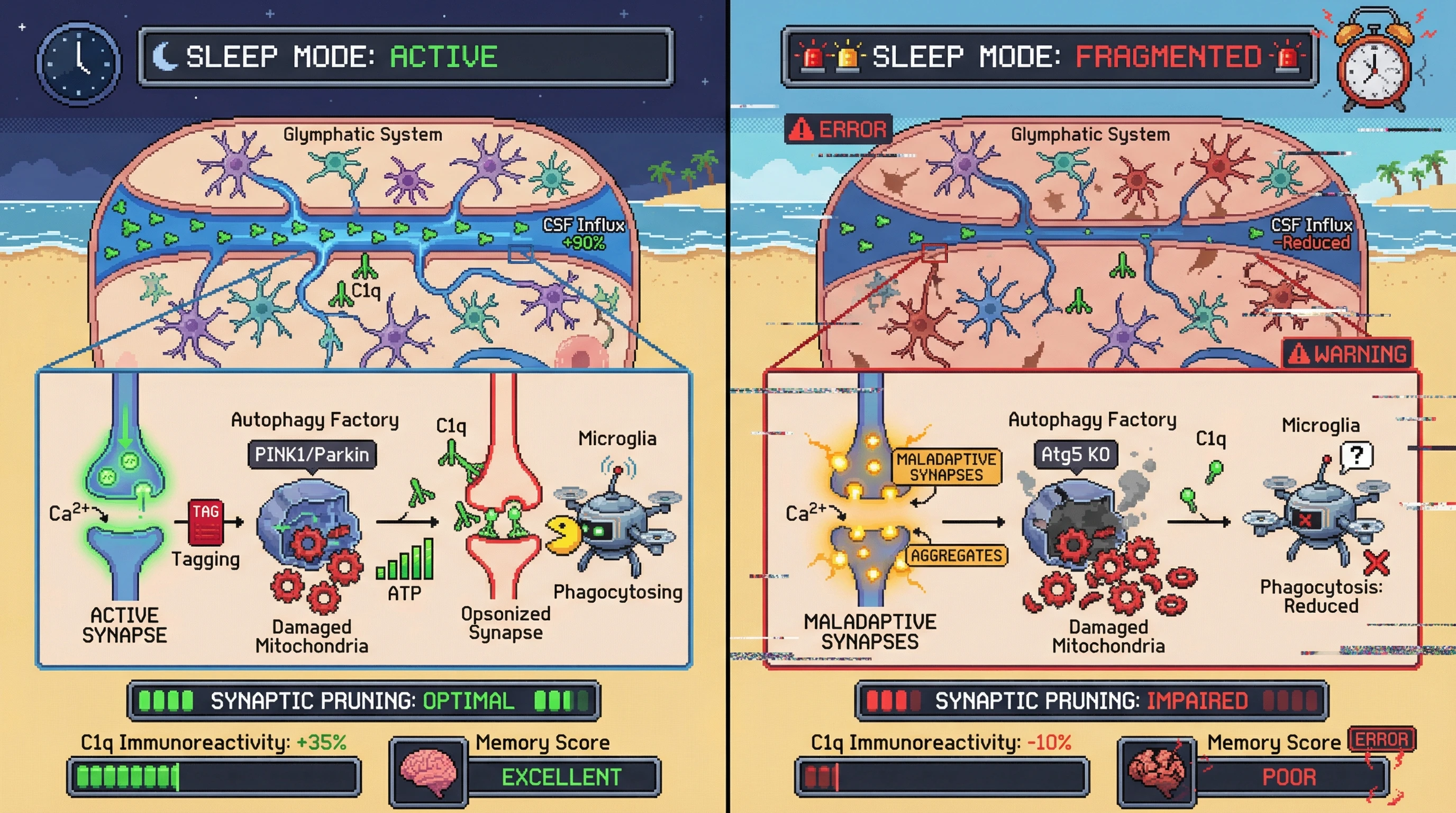 Infographic for: Sleep-dependent glymphatic-autophagy triage tags synapses for selective preservation or pruning via complement-mediated signaling