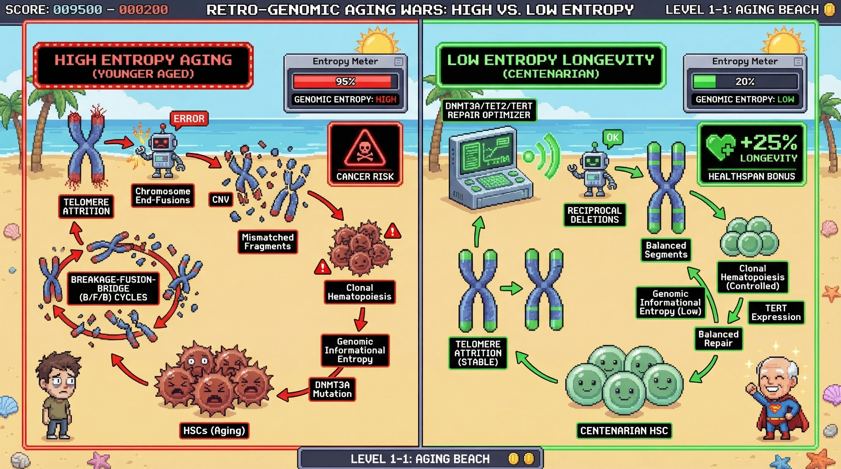 Mechanism: Telomere attrition leads to chaotic chromosome end-fusions and B/F/B cycles, increasing genomic informational entropy in aging cells. Readout: Readout: Mutations in DNMT3A/TET2/TERT promote balanced repair, reducing entropy and associating with increased longevity and lower cancer risk, as seen in centenarians.
