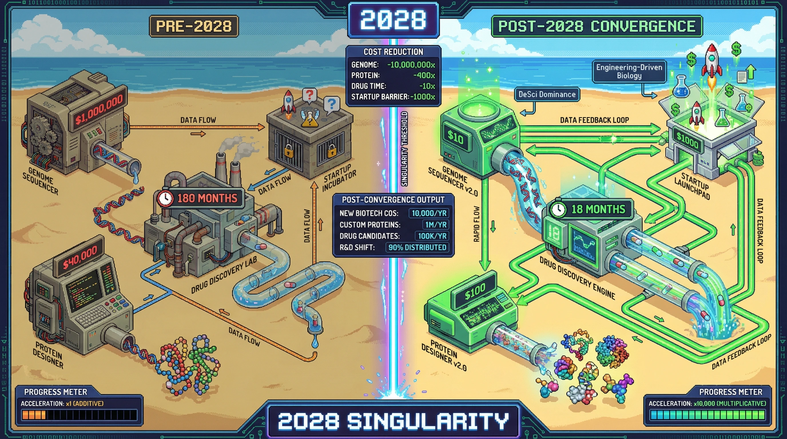 Infographic for: The Biotech Convergence Singularity Arrives in 2028—When All Exponential Curves Intersect